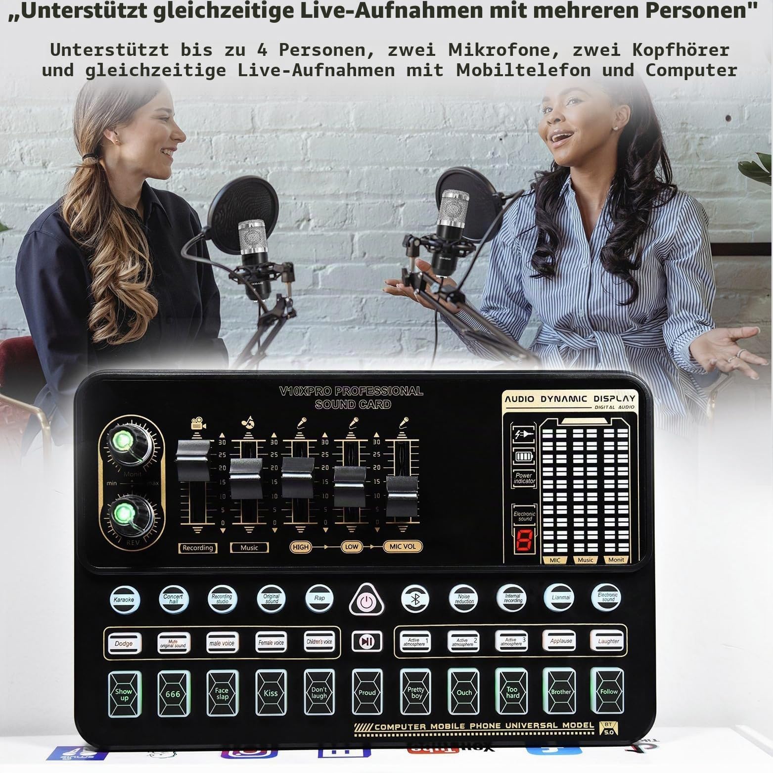V10 Sound Card Set mit M800 Kondensatormikrofon – Professionelles Live Streaming, Karaoke & Podcasting Set, Dual Mikrofone, Bluetooth, LED Anzeige, für TikTok, YouTube und PC