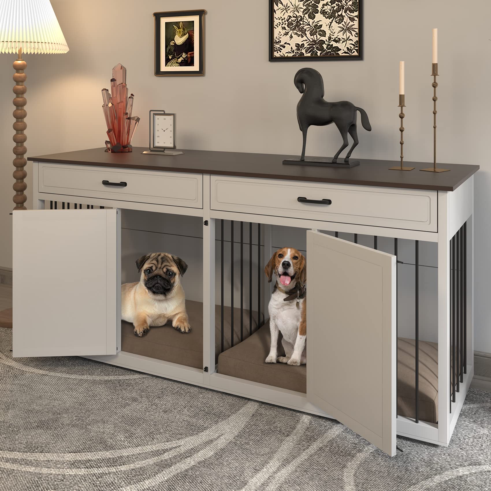 Dog Crate Furniture - Wooden Dog Kennel with Room Divider and 2 Drawer, Double Doors with Locks,72”x23”x34”H,White