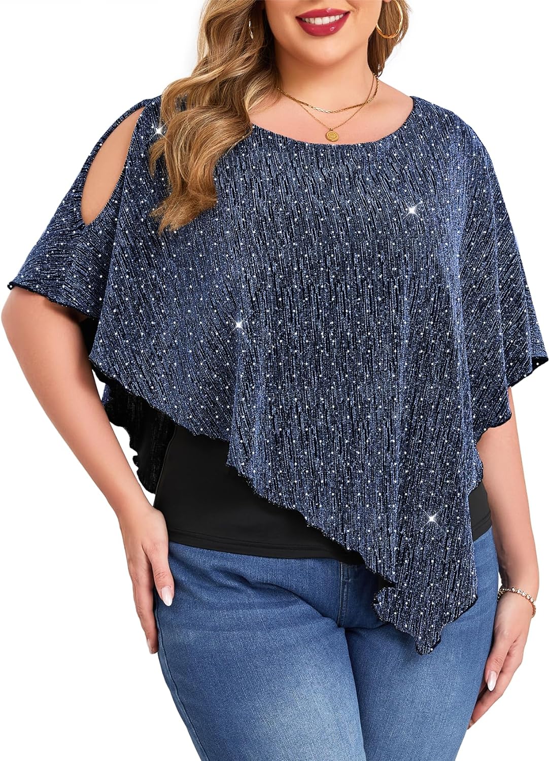 ZOMVA Plus Size Sparkly Cape Tops Cold Shoulder Double Layered Asymmetrical Hem Rhinestone Glitter Party Blouse Shirts Blue 3X-Large Plus