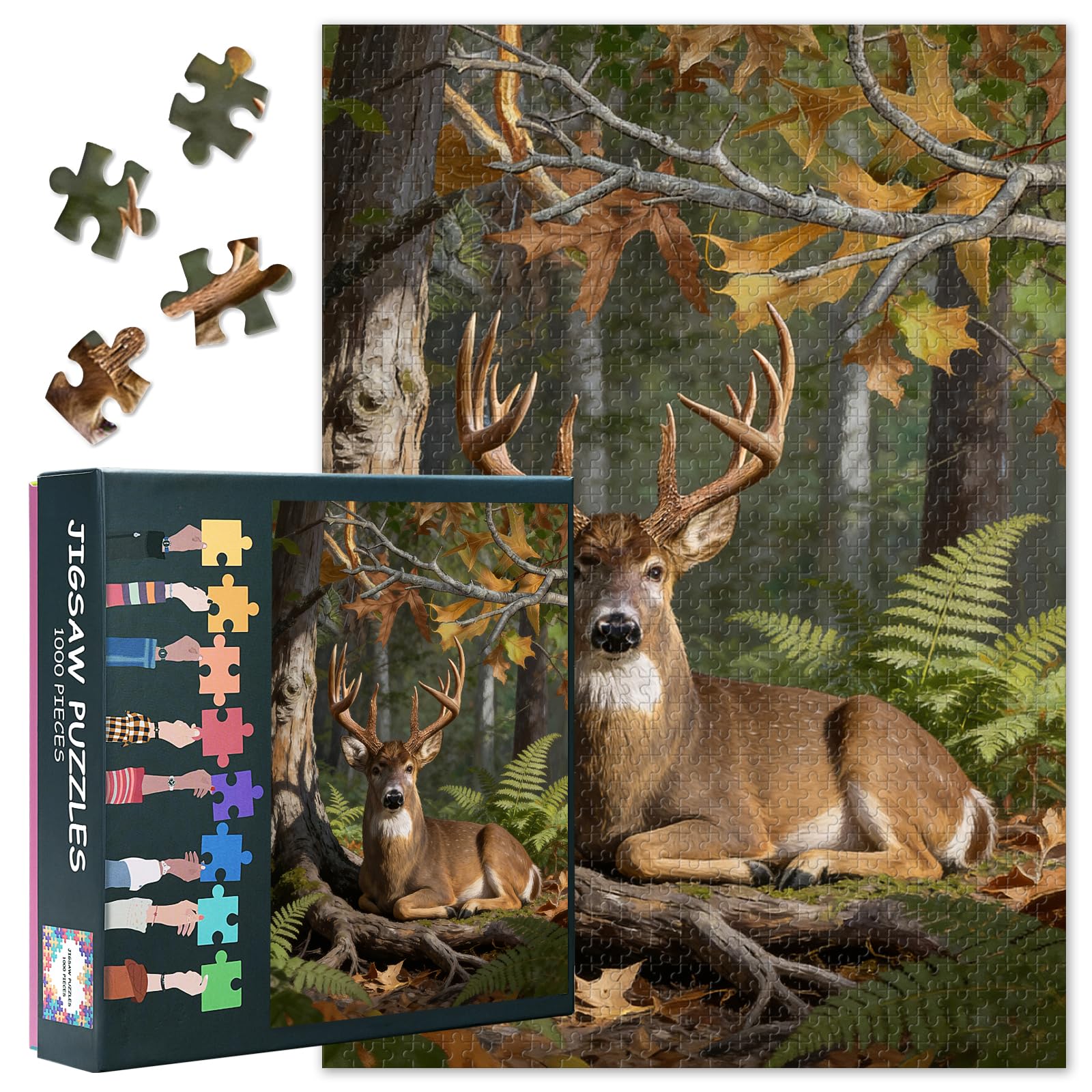 Jigsaw Puzzles 1000 Pieces for Adults, White-Tailed Deer in Autumn Forest with Vibrant Fall Colors, Premium Challenging Adult Jigsaw Puzzle, Gift Idea - 27.5x19.7 Inches