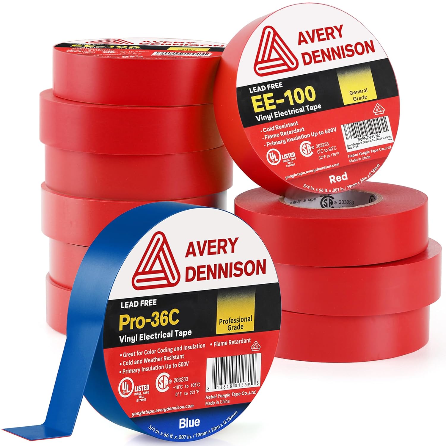 Avery Dennison Electrical Tape, General Use/Professional Grade PVC Electric Tape, UL/CSA Listed Vinyl Tape, 10 Rolls ¾ in x 66 ft Red(EE-100) + 1 Roll ¾ in x 66 ft Blue(Pro-36C)