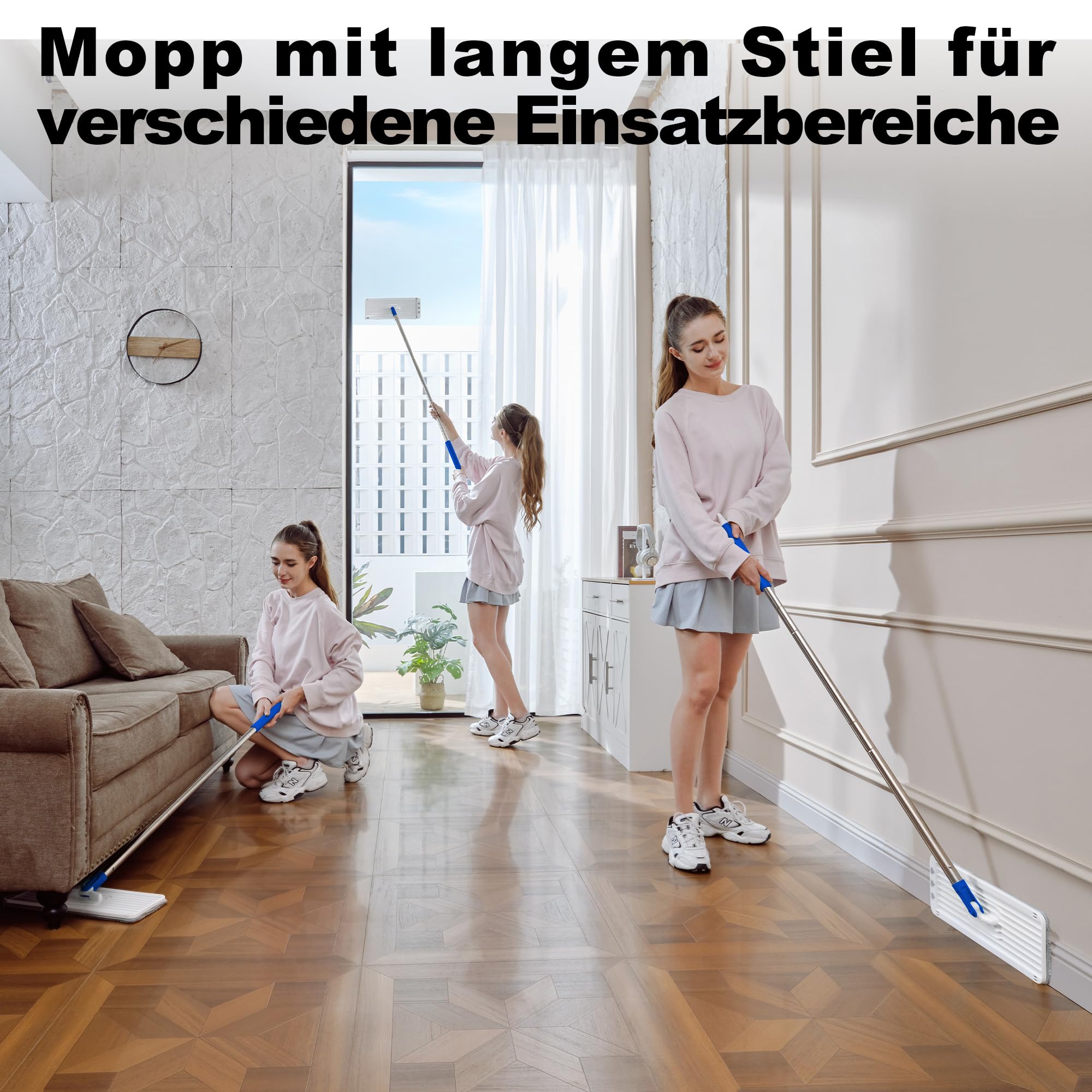 Wischmopp und Eimer Set mit Auswringer, Schieferblau Flach Squeeze Spin Wall Mop Cleaner mit langem Griff, Trocken & Nass Staubwischer für Haushalt Bodenreinigung mit 3 Mikrofaser Mops