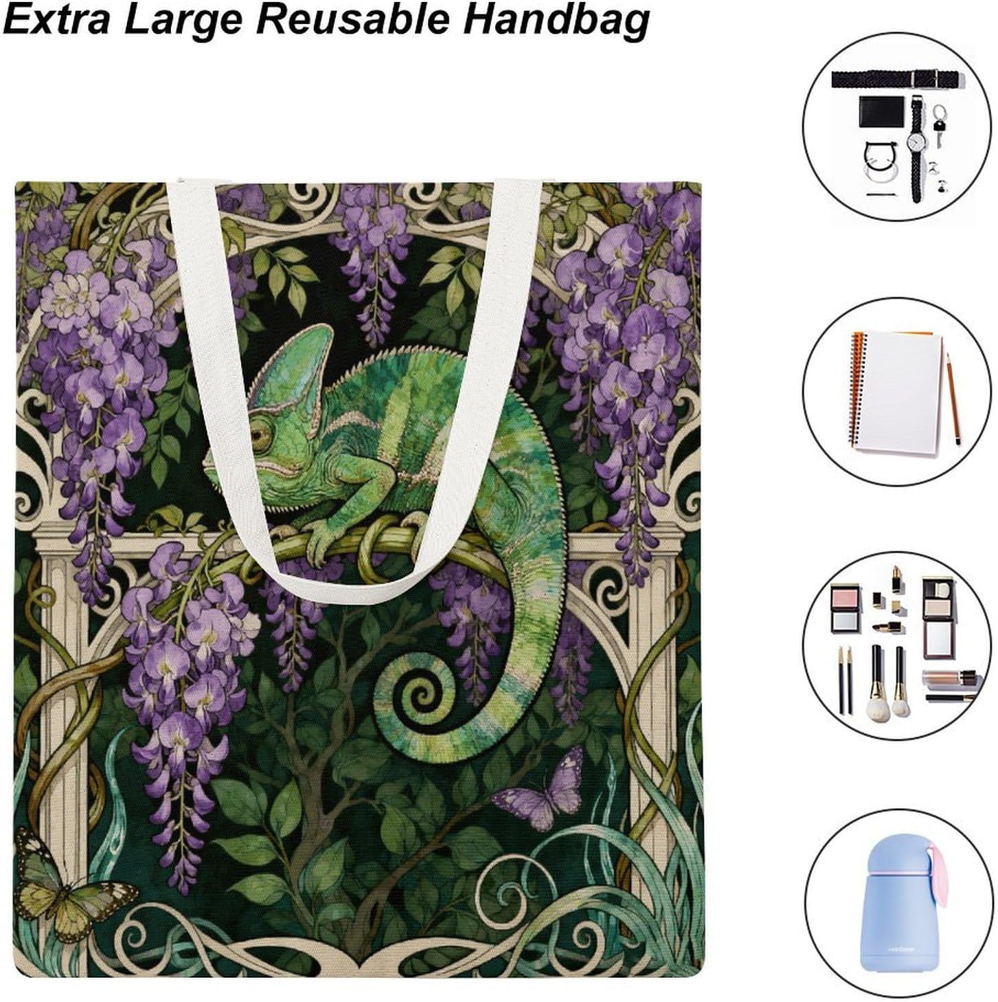 Chameleon Wisteria Vine Canvas Tote Bag Reusable Grocery Bags Foldable Soft Cotton Shoulder Carry Bag
