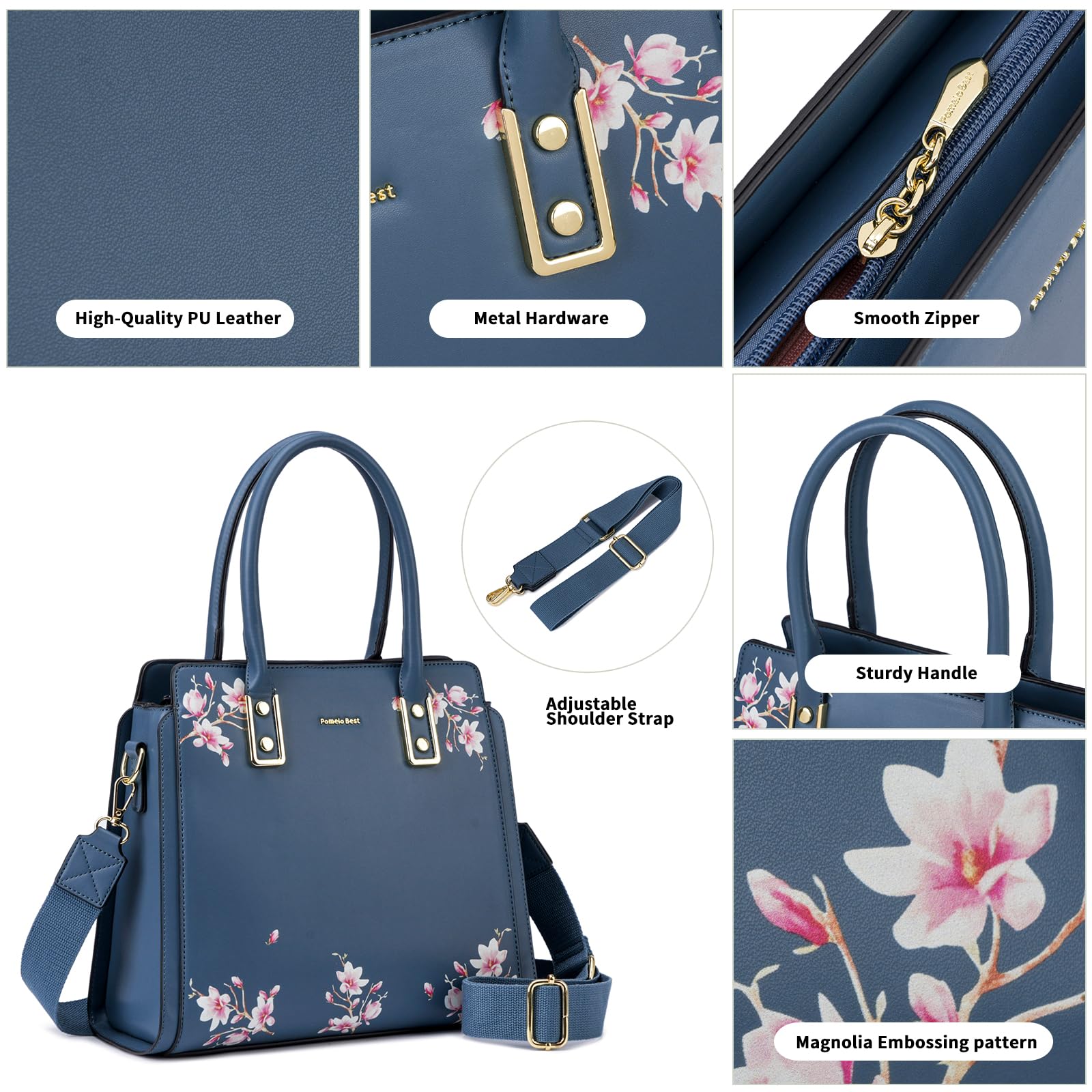 Pomelo Best Purses and Handbags for Women with Multiple Pockets, Leather Top Handle Satchel Fashion Tote Shoulder Bags Ladies: Blue