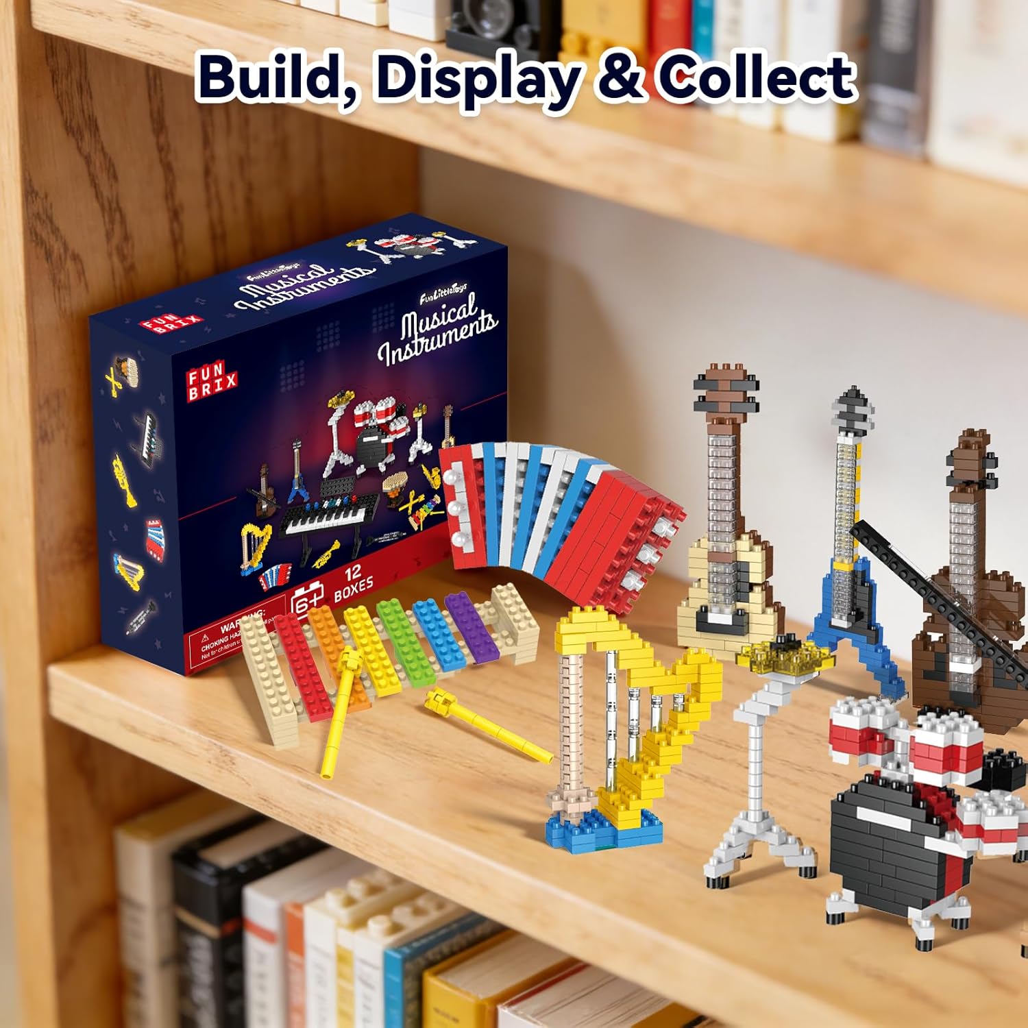 FUN LITTLE TOYS Music Building Party Favor Toys, Mini Building Blocks Musical Instruments Set 12 Pack No Duplicates, Individually Boxed for Kids 6-12, Classroom Prizes, Goodie Bag Stuffers
