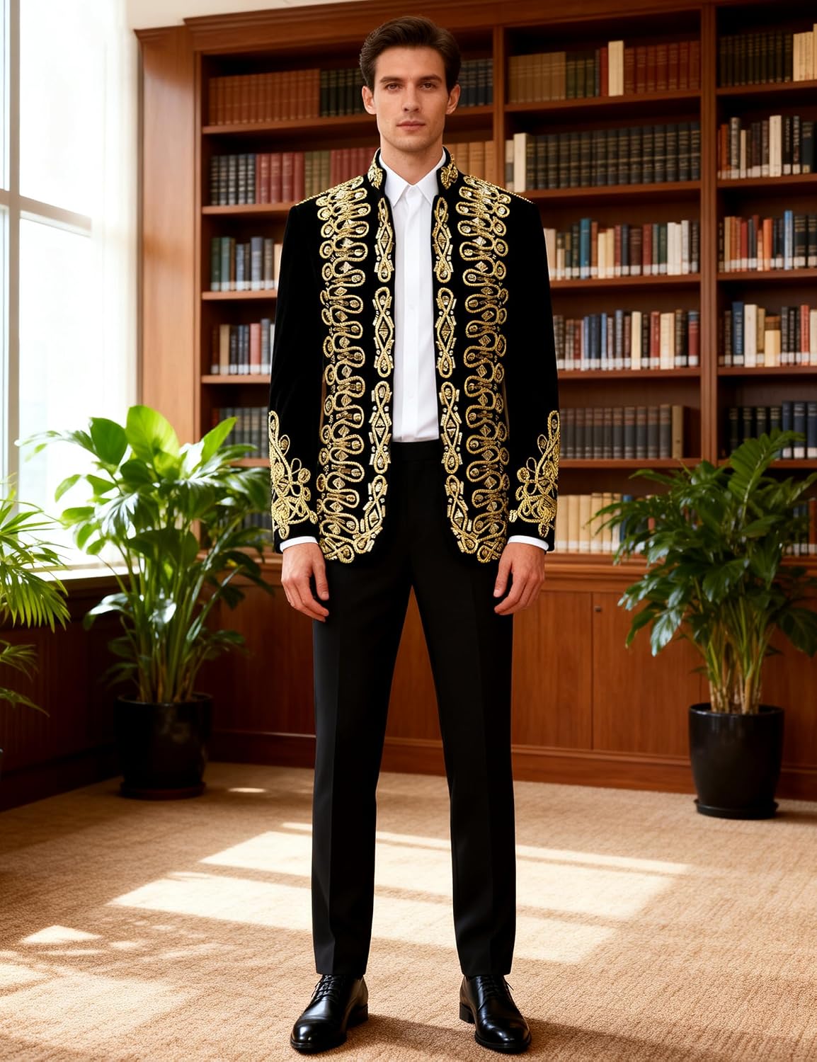 Pyiujtr Men's Standing Collar Velvet Knot Embroidery Court Blazer Masculine Baroque-Inspired Suit Jacket