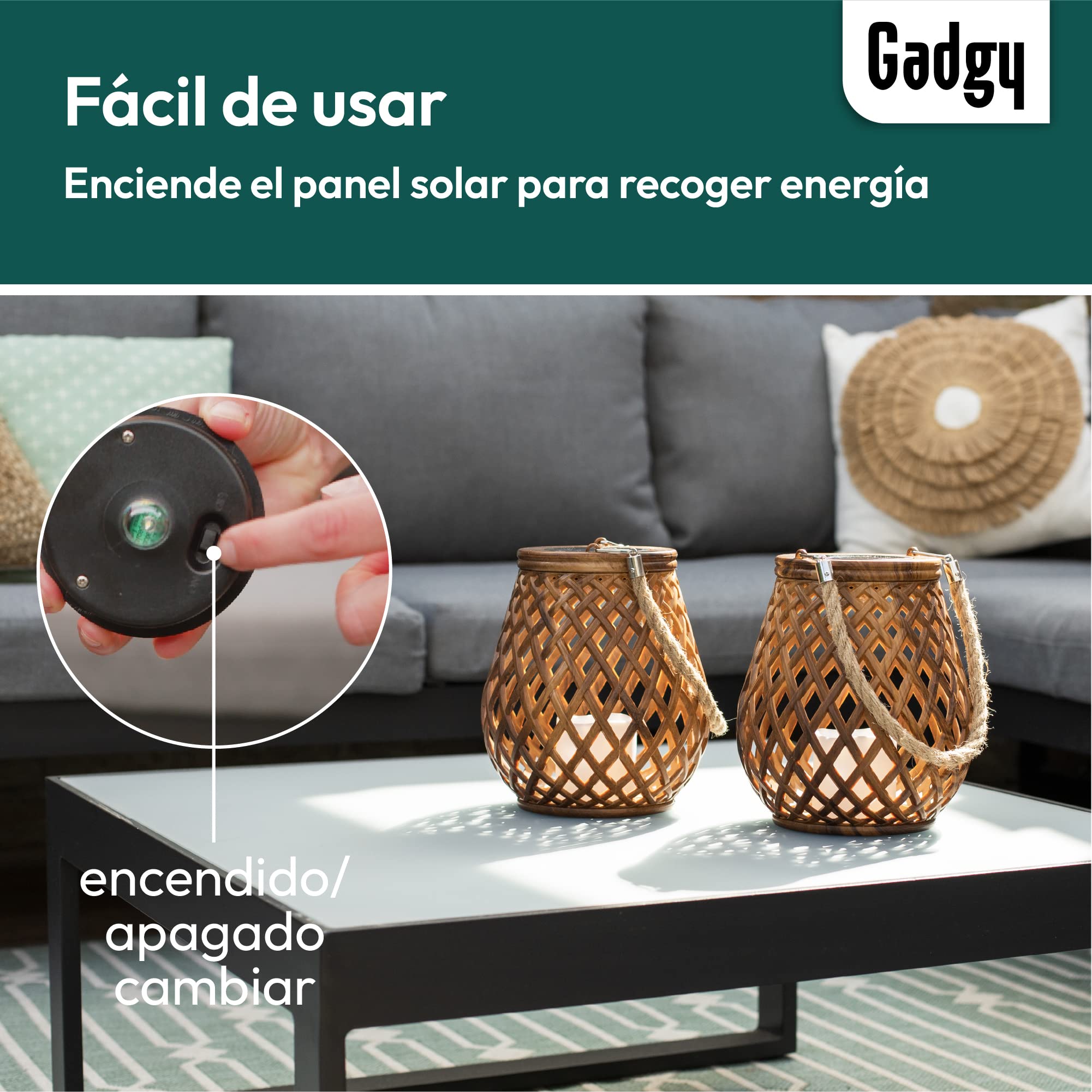 Gadgy Faroles Solares Exterior, Set de 2 Faroles de Ratán, Lámparas de Mesa LED Decorativas para Jardín, Balcón y Terraza - Decoración Jardín Exterior