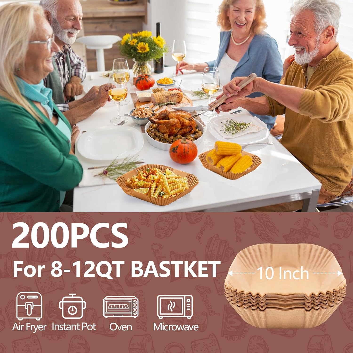 UBeesize XL 10 Inch Air Fryer Paper Liners, 200 PCS Parchment Paper, Air Fryer Disposable Paper Liner for Microwave, Non-Stick Air Fryer Liners Square Free of Bleach （Bottom size 9 Inch） - Image 2