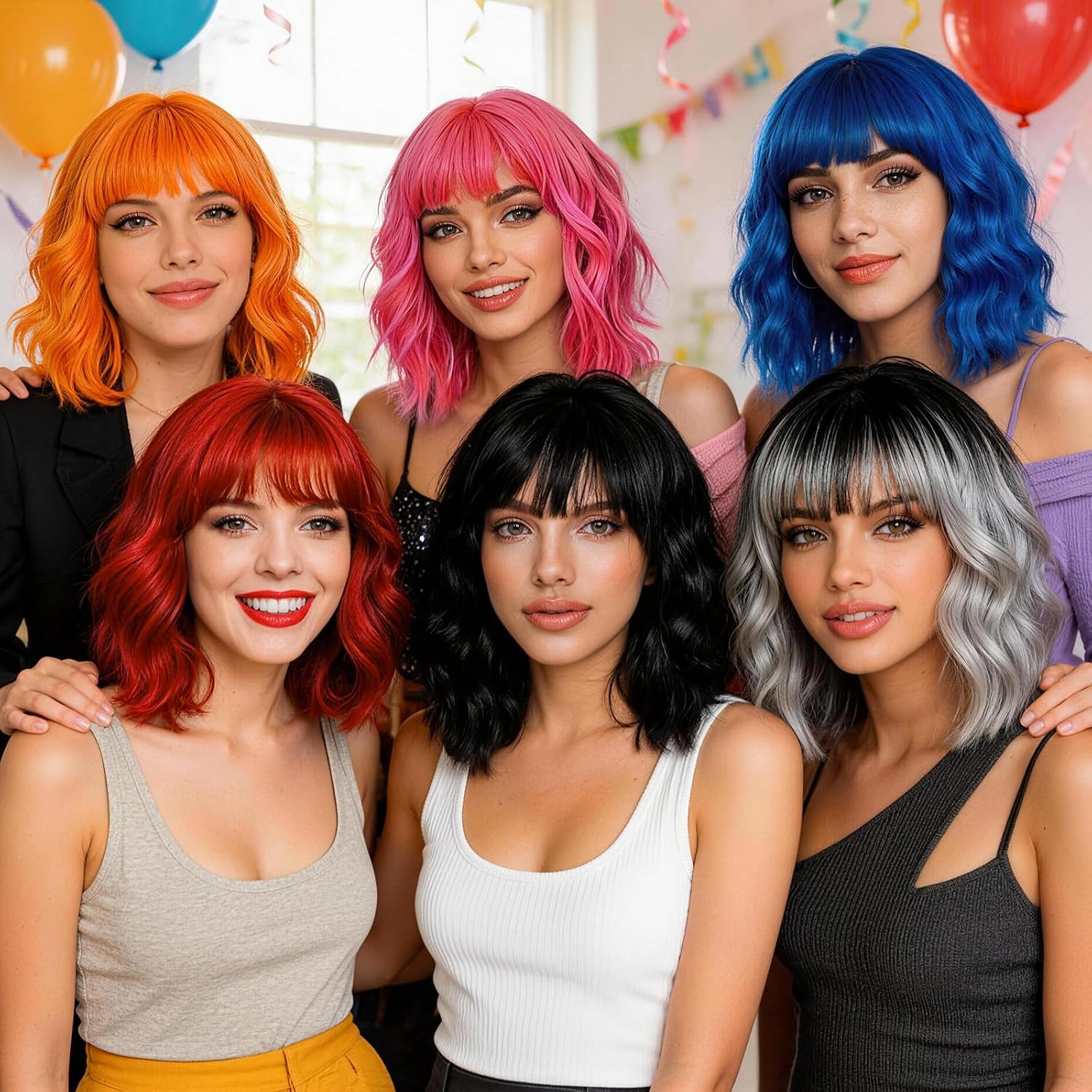 Colored Wavy Bob Wig with Bangs Heart Sunglasses for Women, Neon Party Loose Curly Synthetic Wigs with Hair Cap for 80S Halloween Costume Cosplay Bachelorette Birthday Party