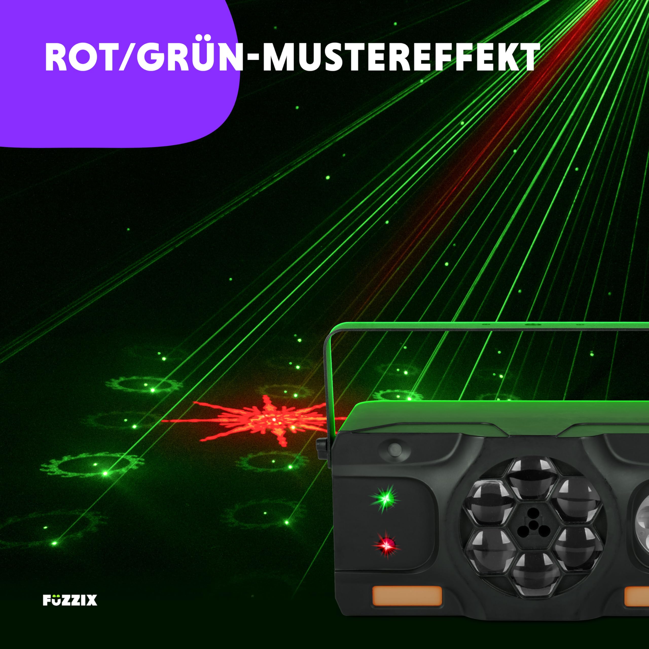 Fuzzix Stellar2 LED Discolicht Partylicht | 5-in-1 Lichtorgel Musikgesteuert LED mit RGBW Gobos, Bee-Eye Effekt & Doppel-Stroboskop | Disco Licht mit DMX Steuerung, Fernbedienung & Montagebügel