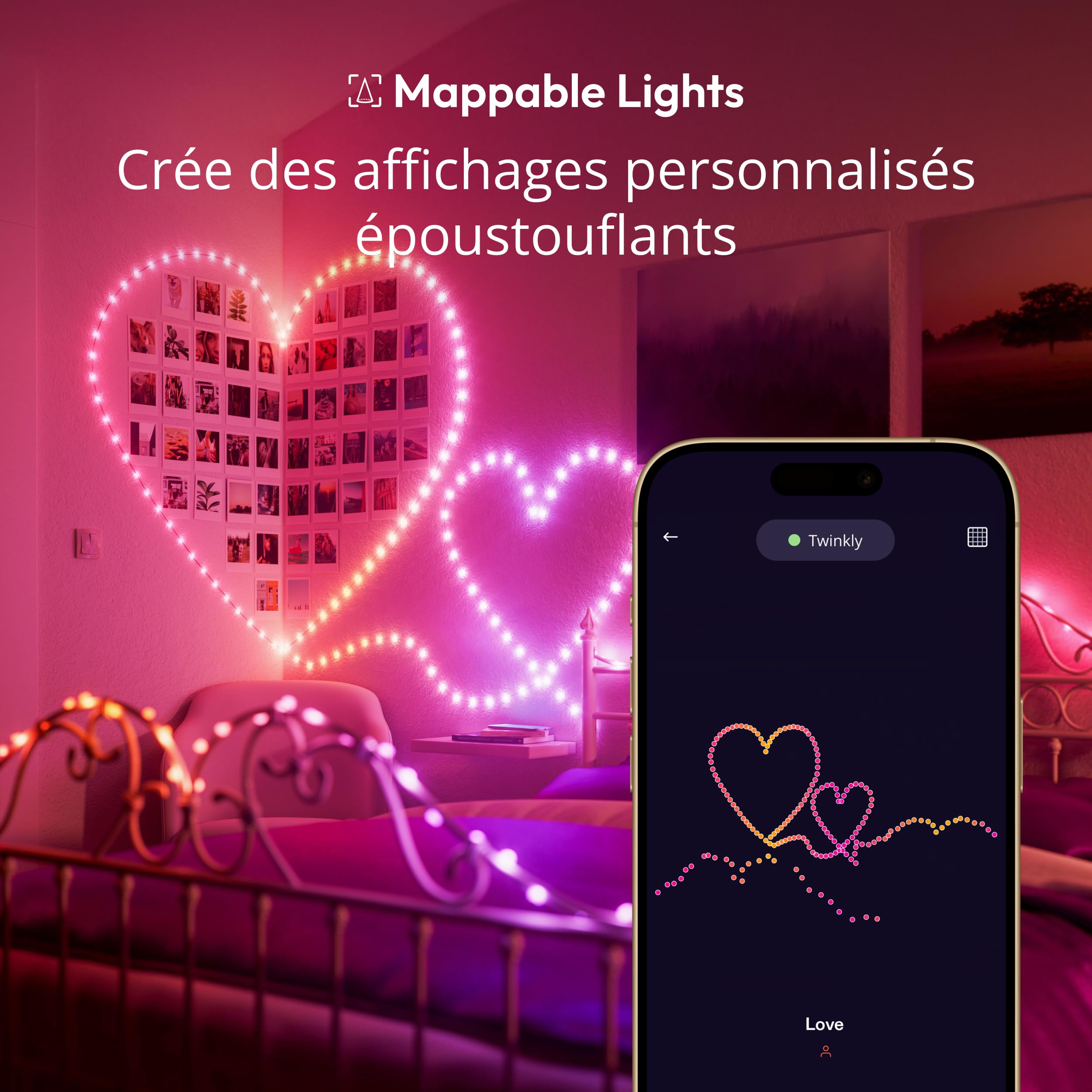 Twinkly Strings USB-C Heart 200 LED, Guirlande Lumineuse en Forme de Coeur, Fil Lumineux LED Multicolore RGB, Lumières Saint-Valentin, Compatible avec Alexa, Google Home, USB C, Fil Vert, 12m