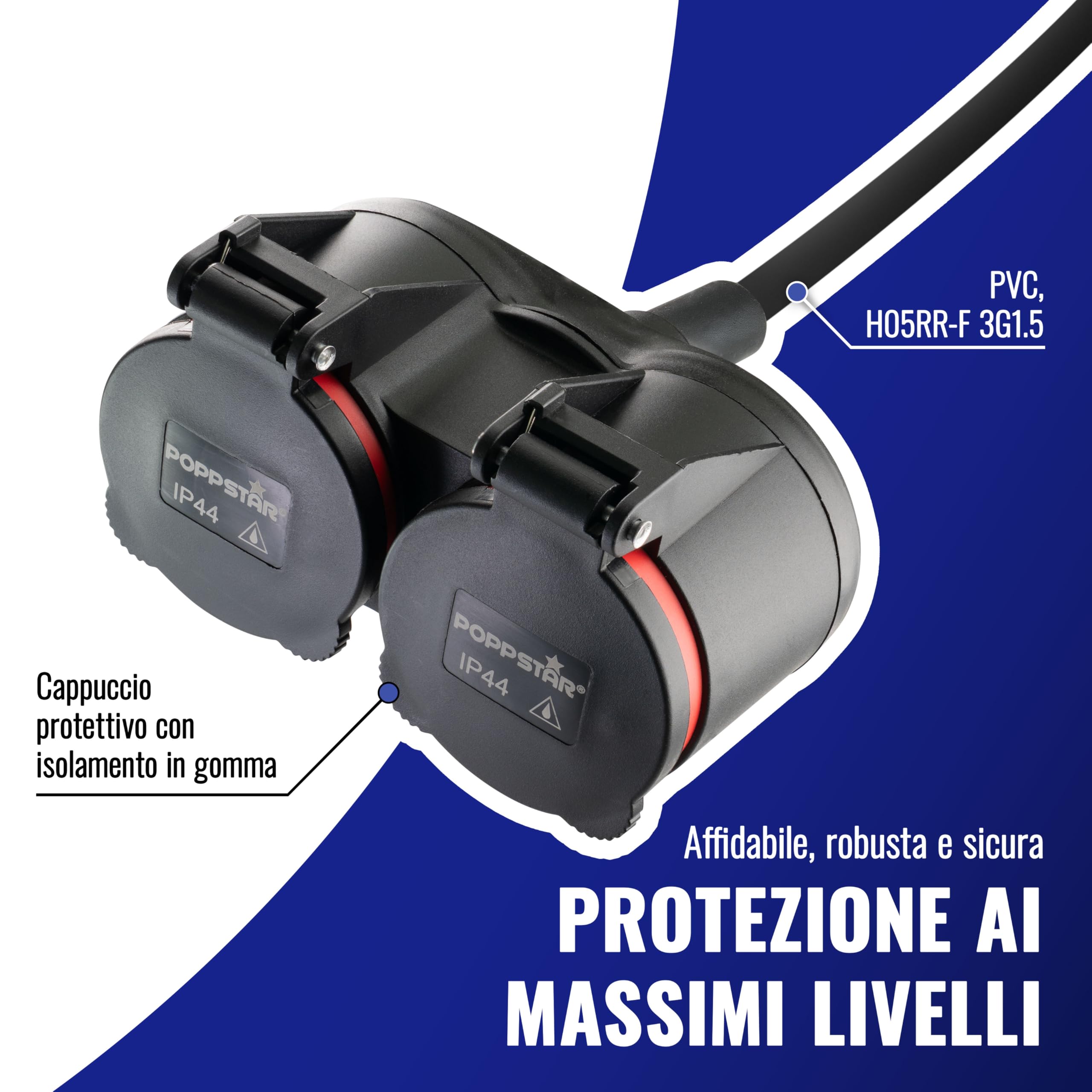 Poppstar Prolunga per esterno 20 m (2 prese Schuko, IP44, 16A/3680W, H05RR-F 3G1.5), nero/rosso