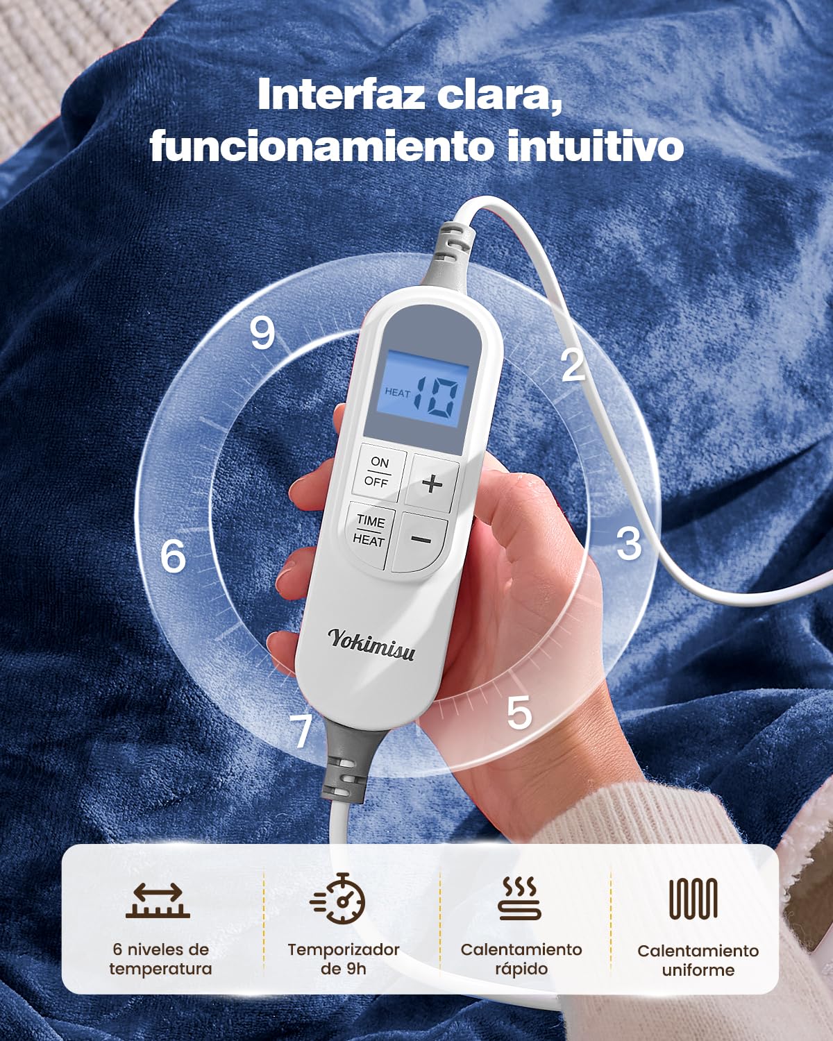 Yokimisu Manta Electrica Grande 130x180cm, Manta Eléctrica con Apagado Automático, 6 Niveles de Calor, Temporizador 9h, Lavable a máquina, Electric Blanket para Cama, Hogar y Oficina, Azul marino
