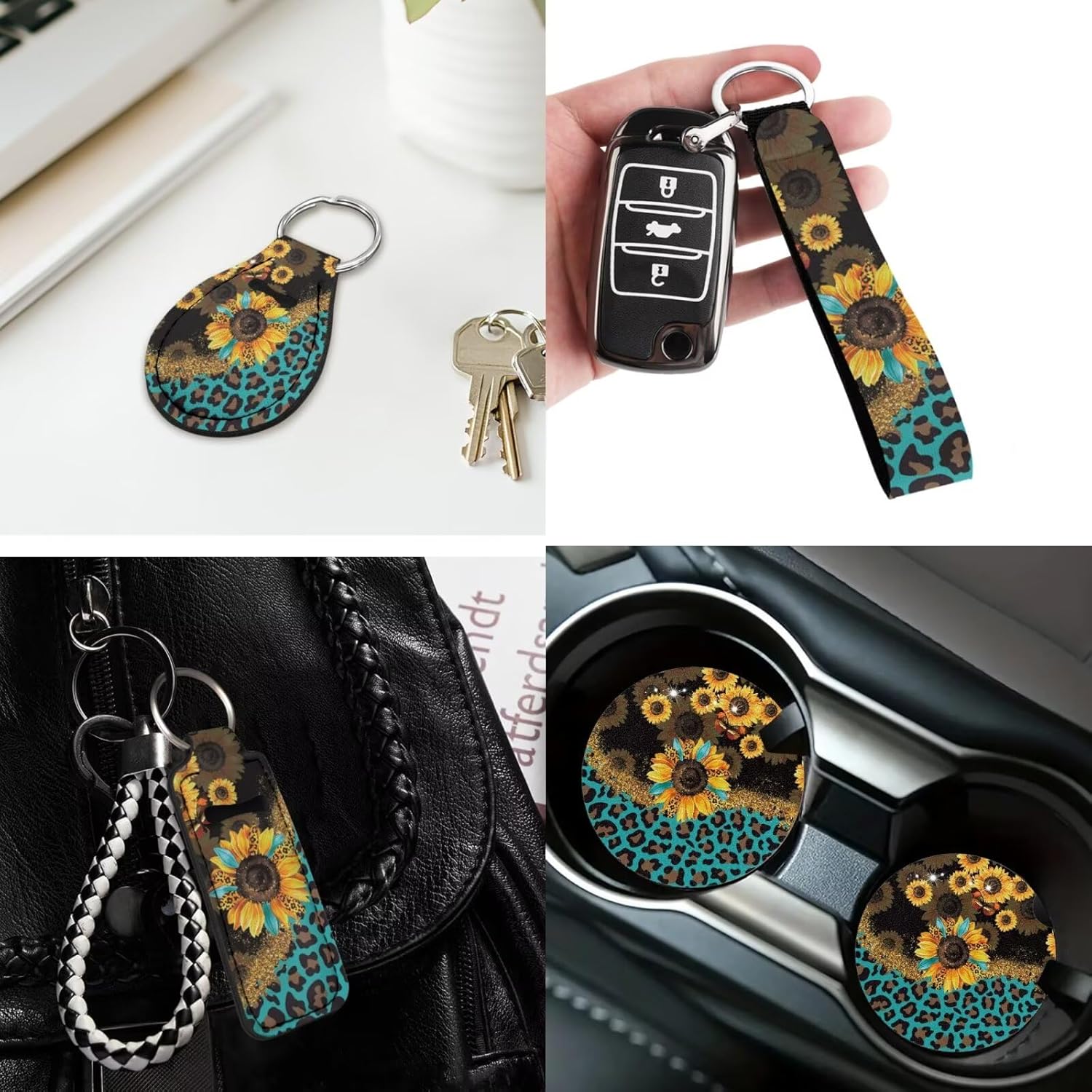 Leopard Print Sunflower 13 Pcs Car Seat Covers Set with Car Steering Wheel Accessories Armrest Cover Seat Belt Covers Keychain and Coaster Universal Size for Most Cars SUV