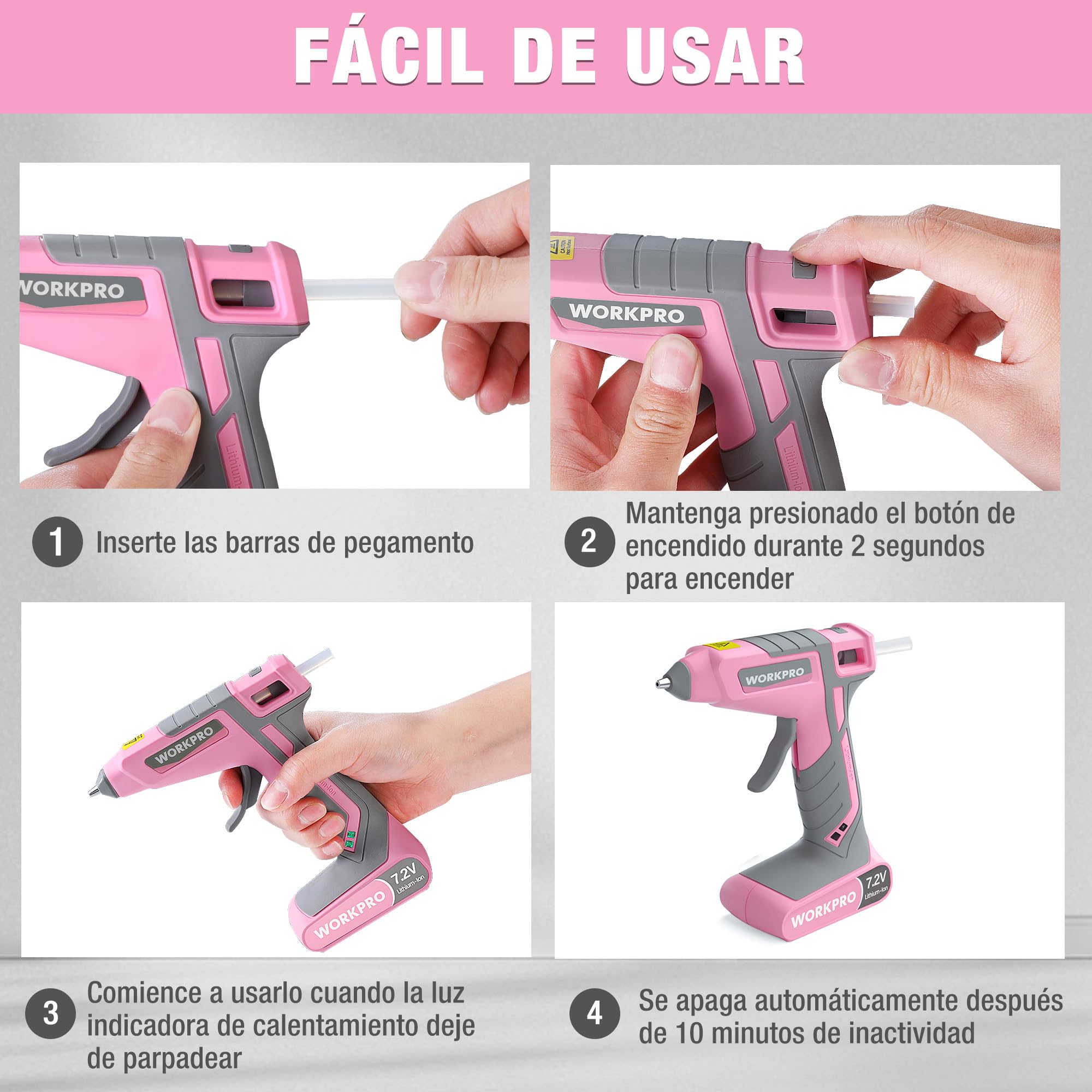 WORKPRO Pistola de Silicona 7,2 V Inalámbrica y con Cable, 20 Barras Incluidas, Calentamiento Rápido 30 s, Flujo Constante de Pegamento, Carga USB-C, para Manualidades y Reparaciones | Calentamiento Rápido en 30s con Flujo Constante para Manualidades, Rep