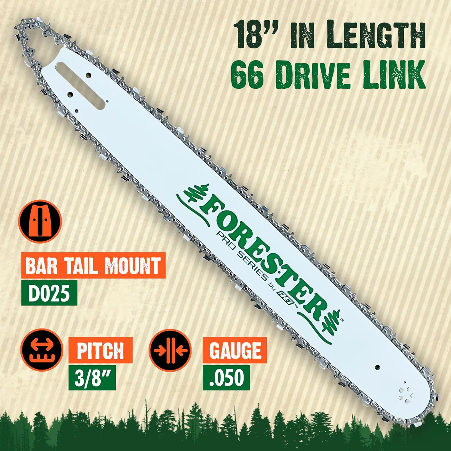 FORESTER 18" Replacement Chainsaw Bar & Chain Combo - 18in Length, 3/8” Pitch, .050 Gauge, D025 Mount, 66 Drive Link - Replacement Chain Saw Parts Kit For Stihl