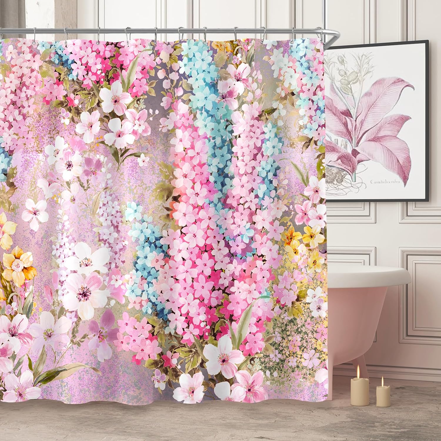 BayNook Pink Floral Shower Curtain, Colorful Flower Fabric