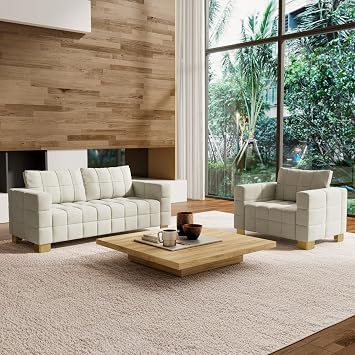 81.89" Sofa Comfy 3 Seat Sofa Tufted Chenille Upholstered Sofa Couch for Living Room with Gold Metal Legs and 2 Throw Pillows BAIGE+1.5S