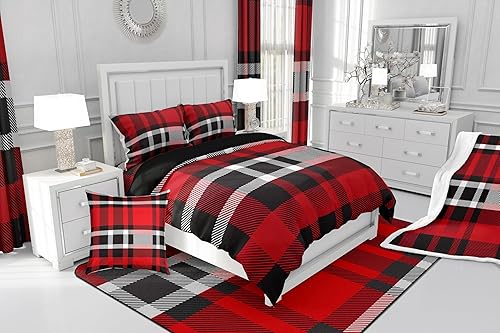 Miniatura 4 de Erosebridal Juego de ropa de cama de cuadrícula de búfalo negro, blanco y rojo, para niños, hombres y mujeres, funda de edredón geométrica de