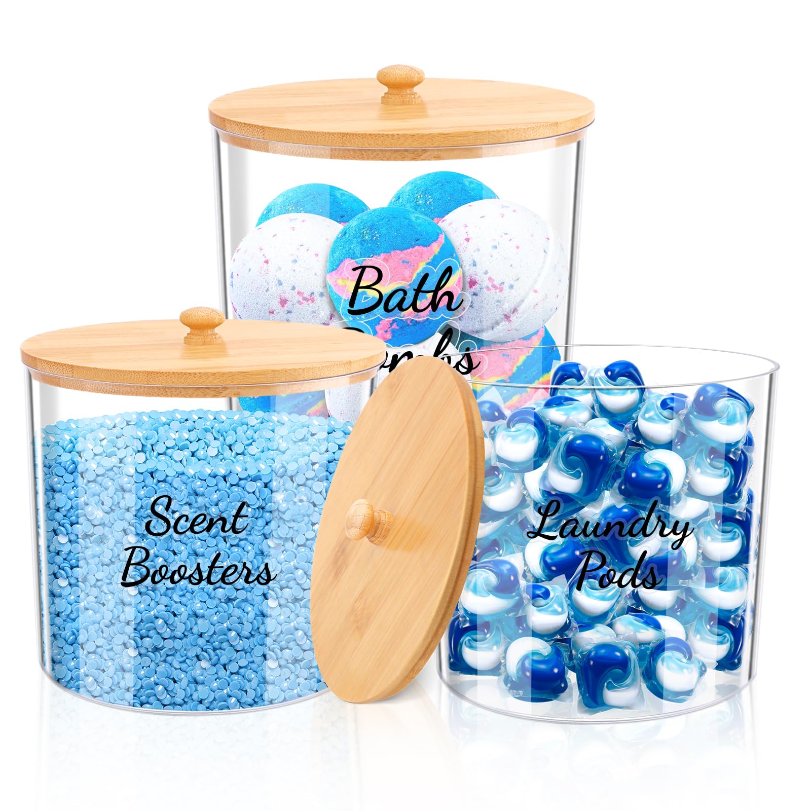 JYPS Laundry Pods Container for Laundry Room Organization and Storage, Large Capacity Acrylic Laundry Detergent Powder Container Dispenser with Bamboo Lids for Organizing