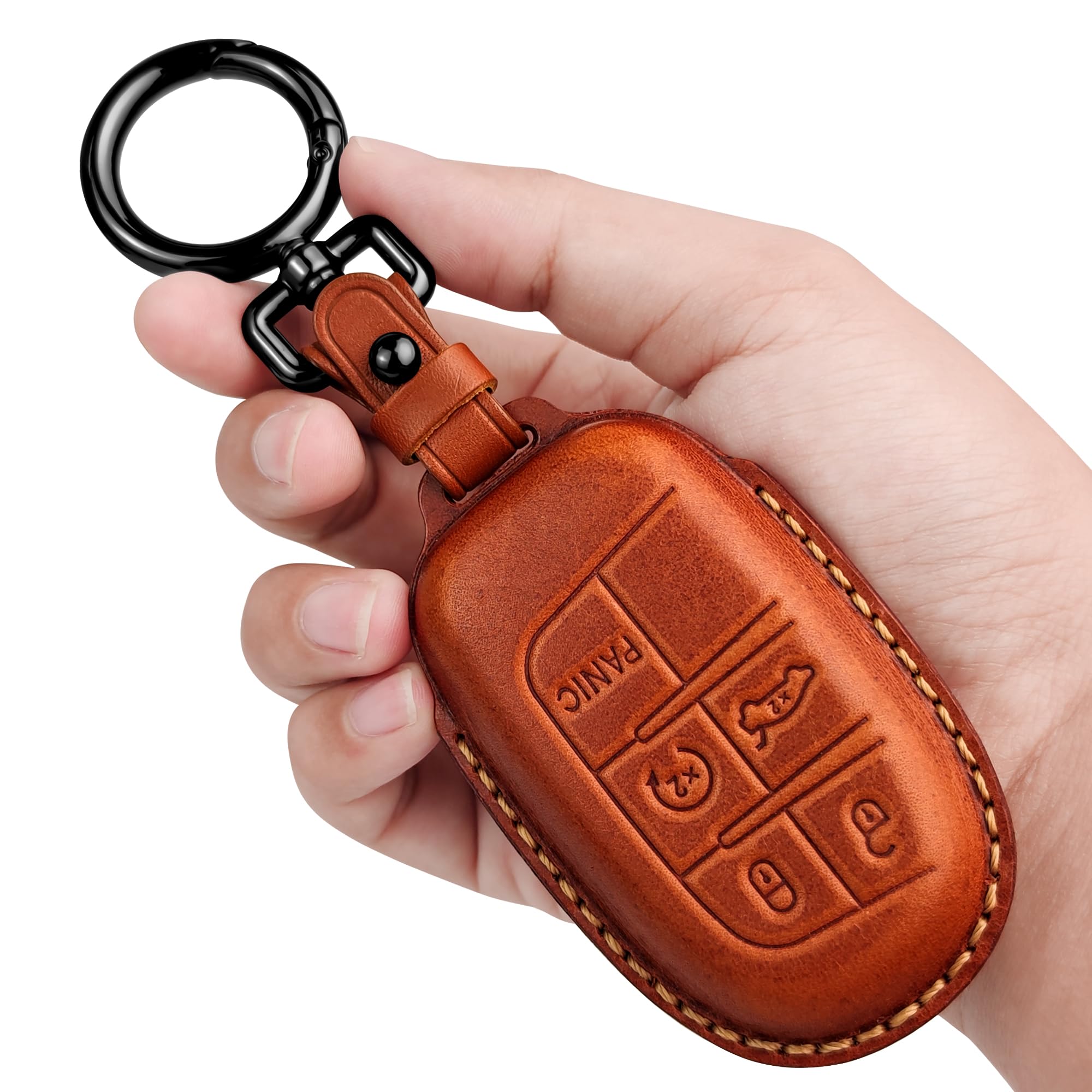 Tukellen for Jeep Key Fob Cover Leather,Leather Key Case Protector Compatible Jeep Grand Cherokee Renegade Chrysler 200 300 Dodge RAM Durango Challenger Journey Dart Fiat (only for Keyless go)-Brown
