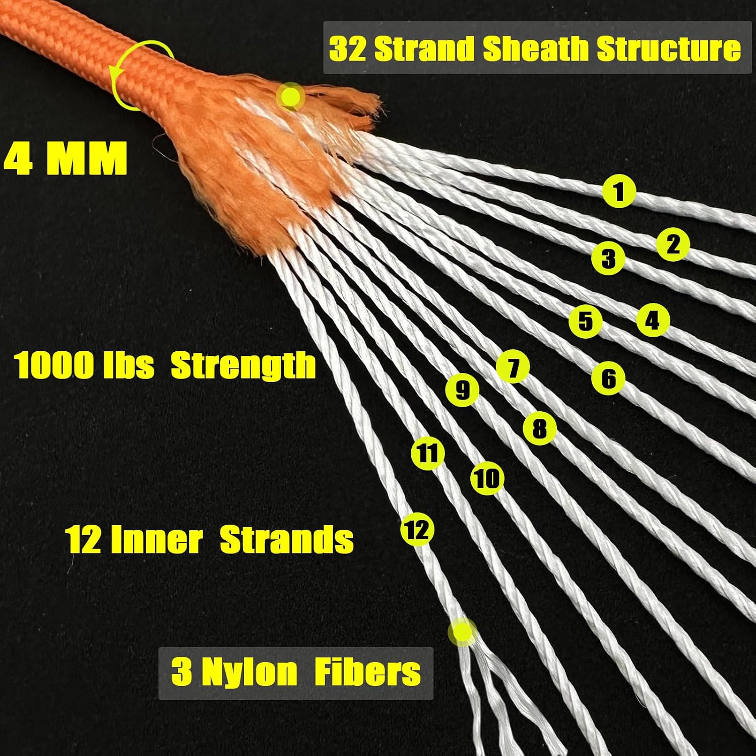 VVAAGG 1000 Orange Paracord 200FT Utility Parachute Cord 4mm Nylon String12 Strand Nylon Camping Rope, Tent Rope, Clothsline Rope for Survival & Camping Gear (Orange, 200FT) image 2