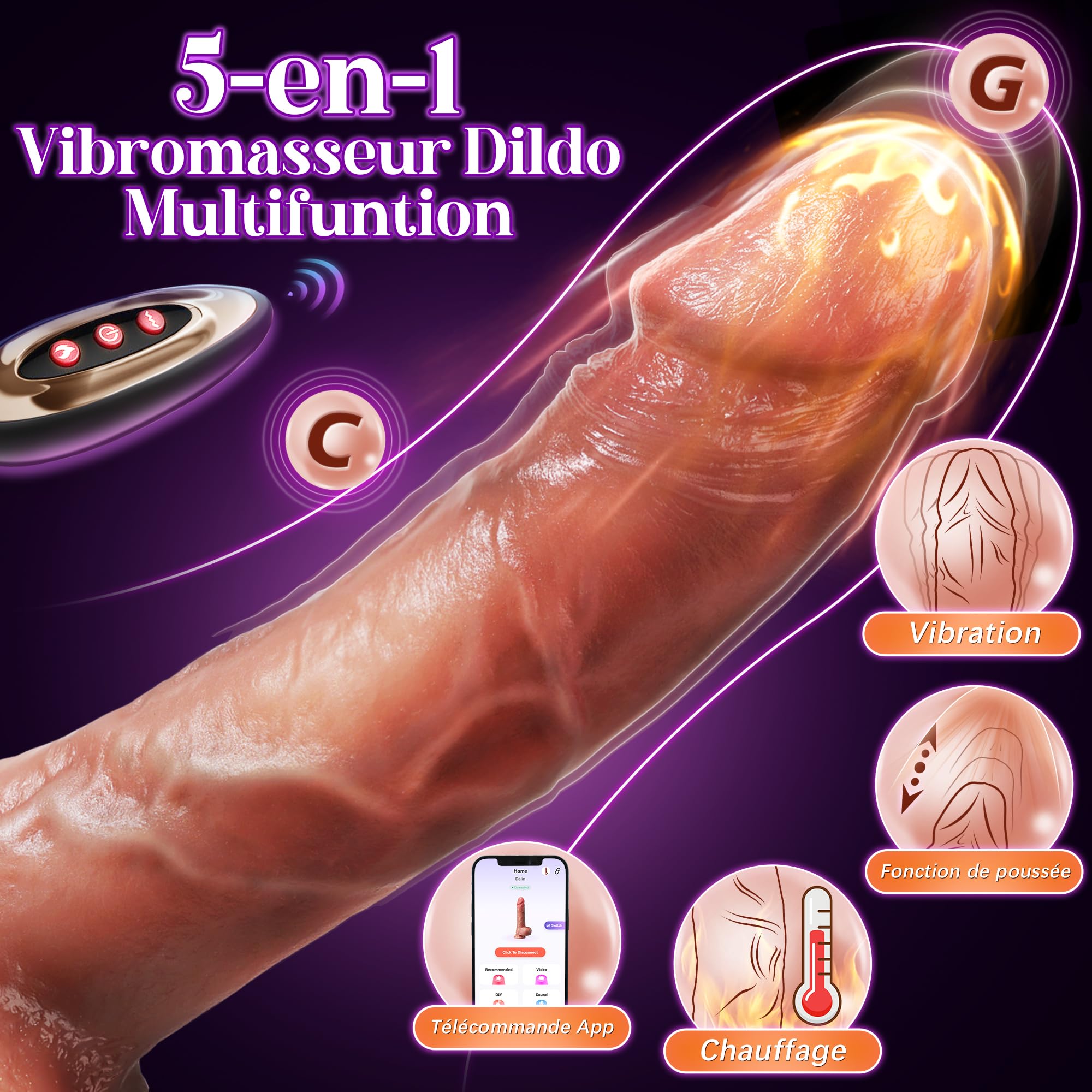 Tagnaff Gode Vibromasseur Va et Vient mit APP Sex Toys Femme, 22 cm Vibromasseur Femme Clitoridien Puissant Va et Vient et 9X9 Modes Poussée et Vibration, Fonction Chauffante, Étanche IPX6
