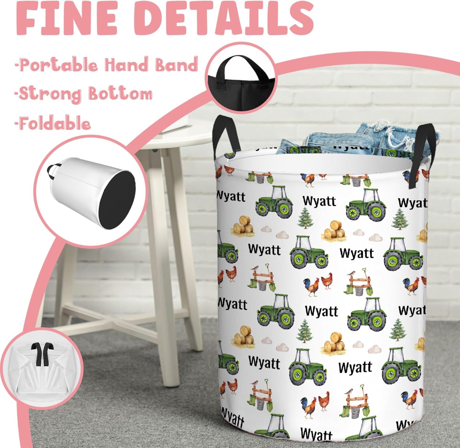 Custom Farm Tractor Laundry Baskets,Personalized Farm Tractor Laundry Basket,Personalized Gifts,Customize Baby Name Laundry Hamper for Kids Adults,Collapsible Clothes Storage Organizer,S-16.5"X 13.8"