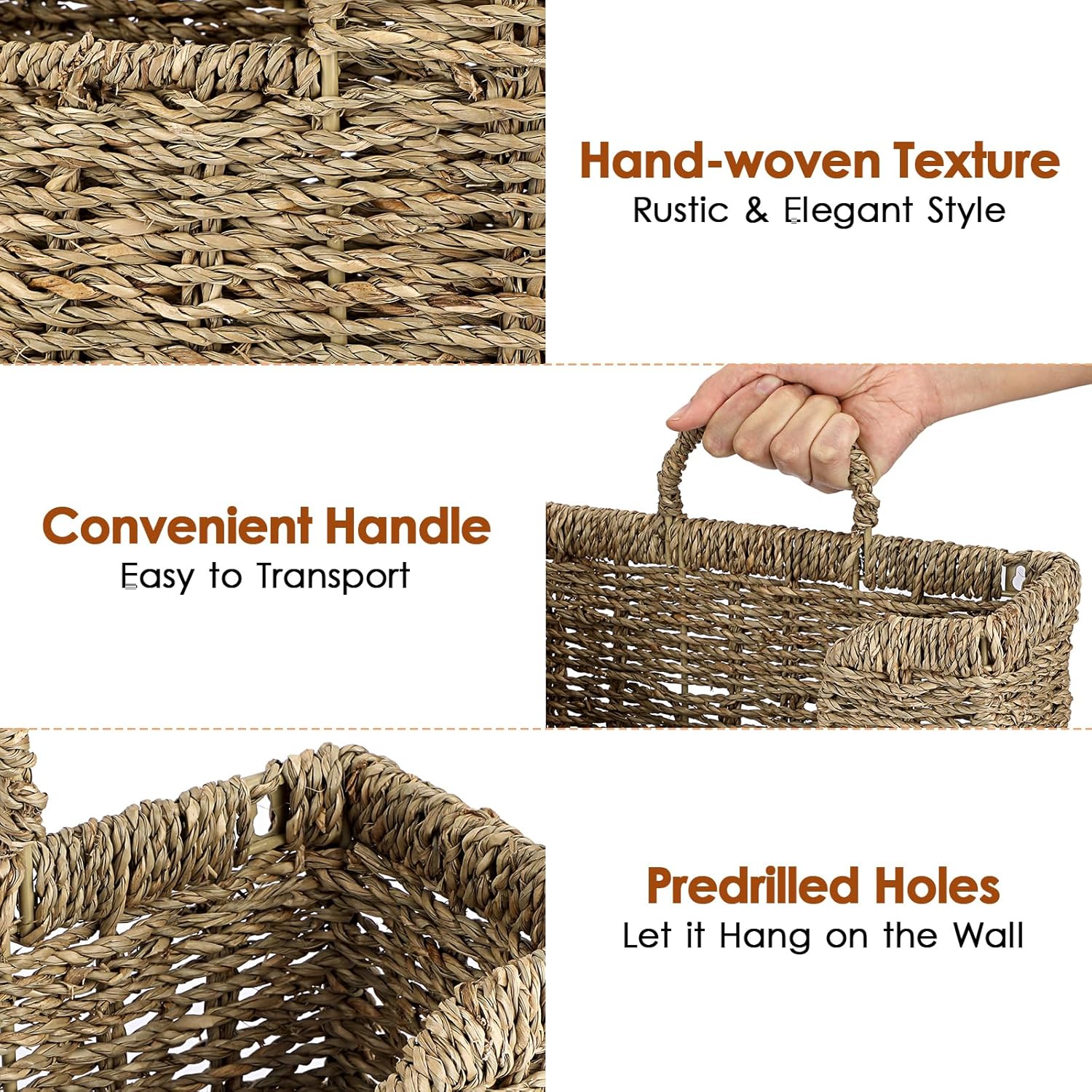BTSKY Woven Hanging Magazine Holder, Seagrass Magazine Basket, Wall Mounted Storage Basket for Books & Files, Wall File Organizer Magazine Rack with Handle for Home & Office - 12x4.3x7.9 Inch