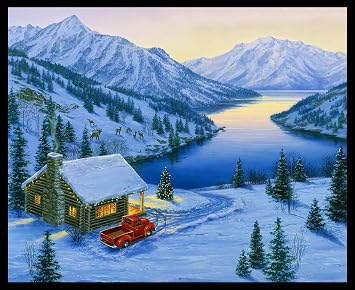 Enchanting, Mountain Lake, Cabin, Red Truck, Christmas Trees, Deer, Wonderland, Darrell Bush, Elizabeths Studios, 8912BLACK, 36-inch Panel