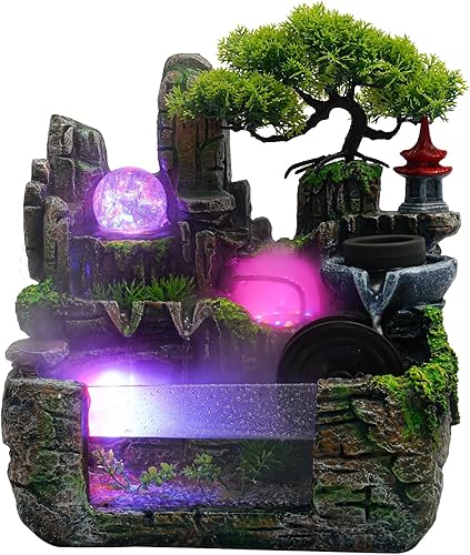 Miniatura 15 de Fuente de cascada de escritorio, fuentes de agua, adorno de escritorio bonsái interior con luz LED, meditación zen para el hogar, oficina, 1,Estilo