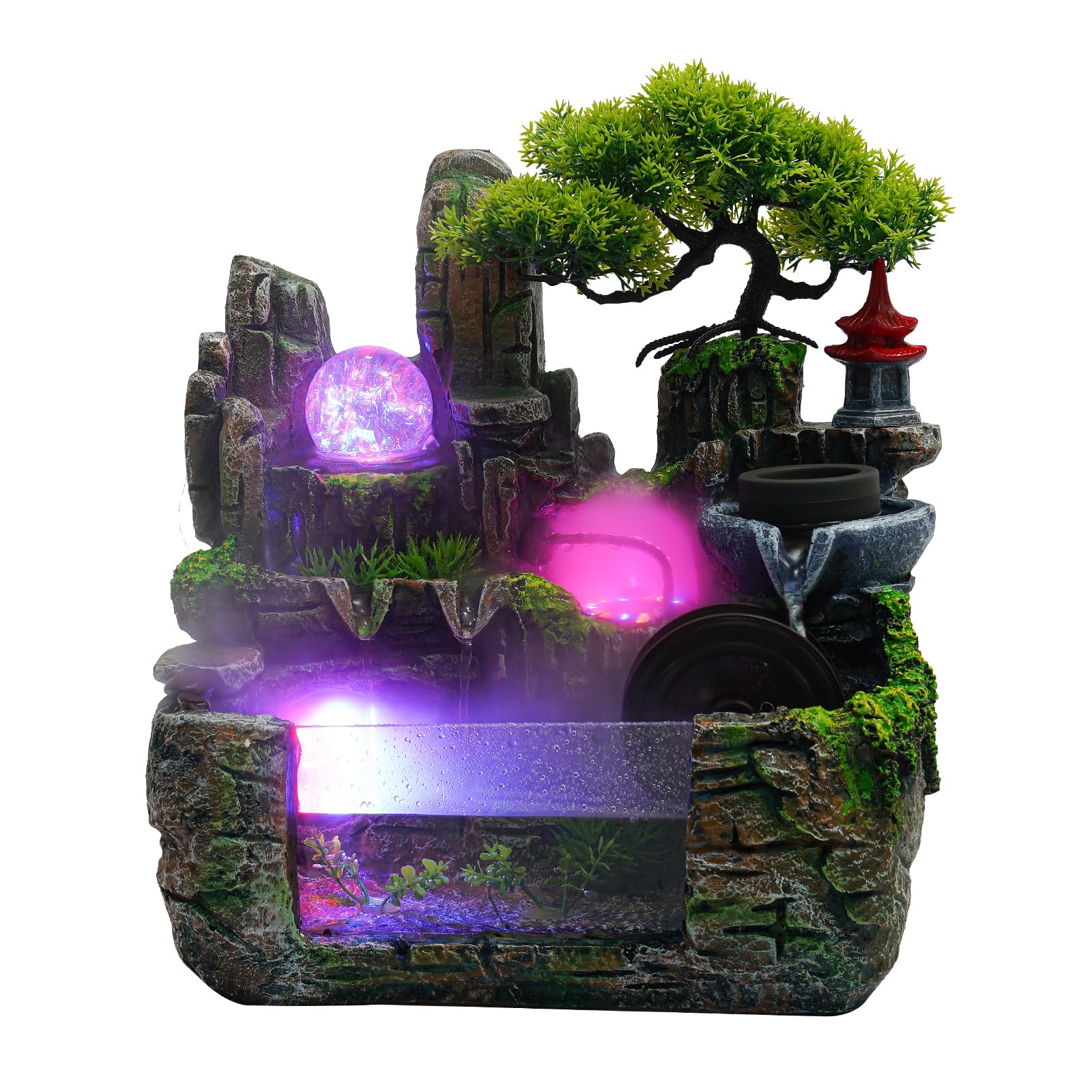 Fontaine d'intérieur - Cascade - Fontaine de table avec éclairage LED et brouillard - Petite fontaine d'intérieur avec plantes pour salon, chambre à coucher, bureau