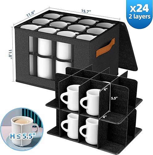 Miniatura 2 de Caja de almacenamiento de taza de café de 2 capas con divisores, organizador de almacenamiento de tazas de café con tapa y asas con cremallera,