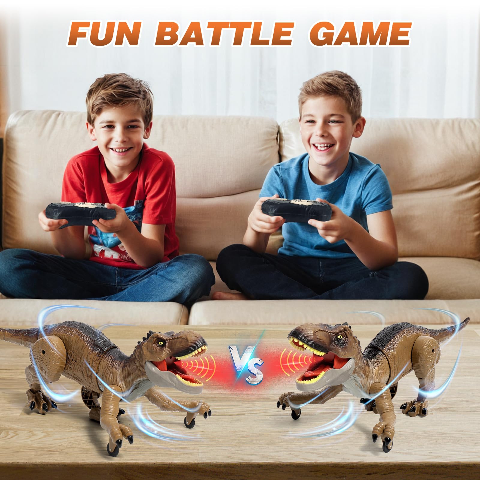 Sunrad Juguete de dinosaurio a control remoto para niños de 3, 4, 5, 6, 7, 8, 9, juguete recargable y realista T-Rex con luces, sonidos y aerosol, dinosaurio RC con demostración de una tecla, regalo