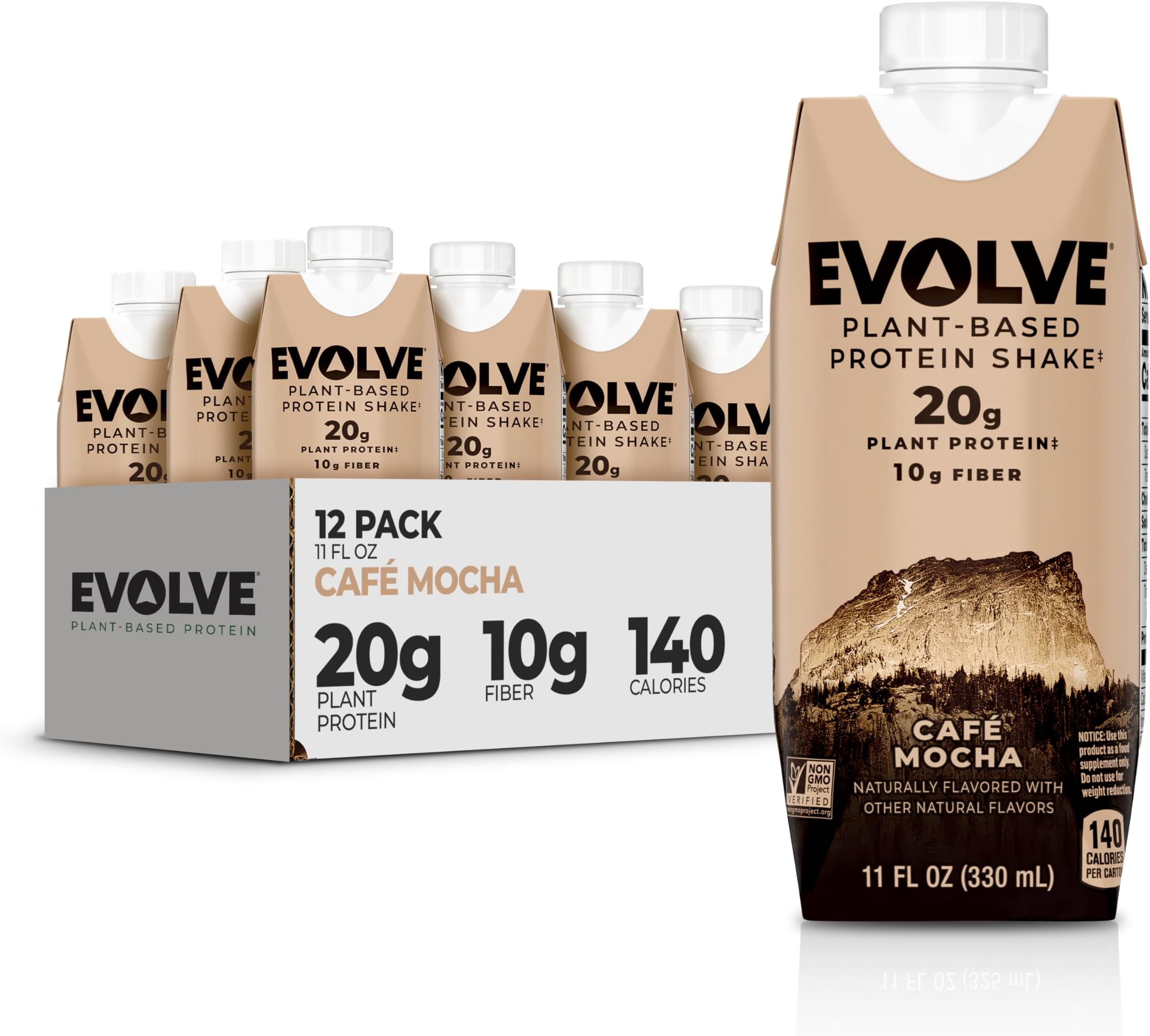 - Evolve Plant Based Protein Shake, Café Mocha, 20g Vegan Protein, Dairy Free, No Artificial Sweeteners, Non-GMO, 10g Fiber, 11oz, (12 Pack) (Formula May Vary)