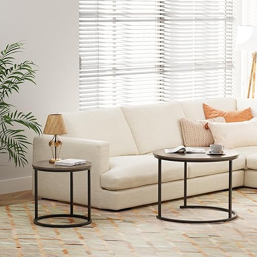 Miniatura 7 de Garden 4 you Mesa auxiliar anidable, mesa auxiliar redonda de 23.6 pulgadas, juego de 2 mesas anidables de madera con marco de metal, mesas