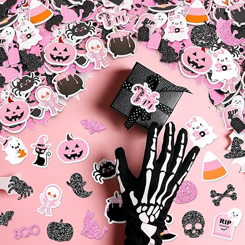 Miniatura 5 de Whaline 350 calcomanías de espuma de Halloween con purpurina rosa y negro, calabaza, fantasma, araña, murciélago, calcomanías decorativas para
