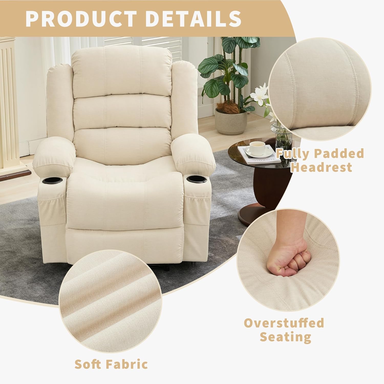 Large Recliner Chair for Adults Manual Pull Tab Reclining Chair with Cup Holders 3-Position Recliner Sofa for Living Room Overstuffed Single Sofa Chair Supports 350 Lbs