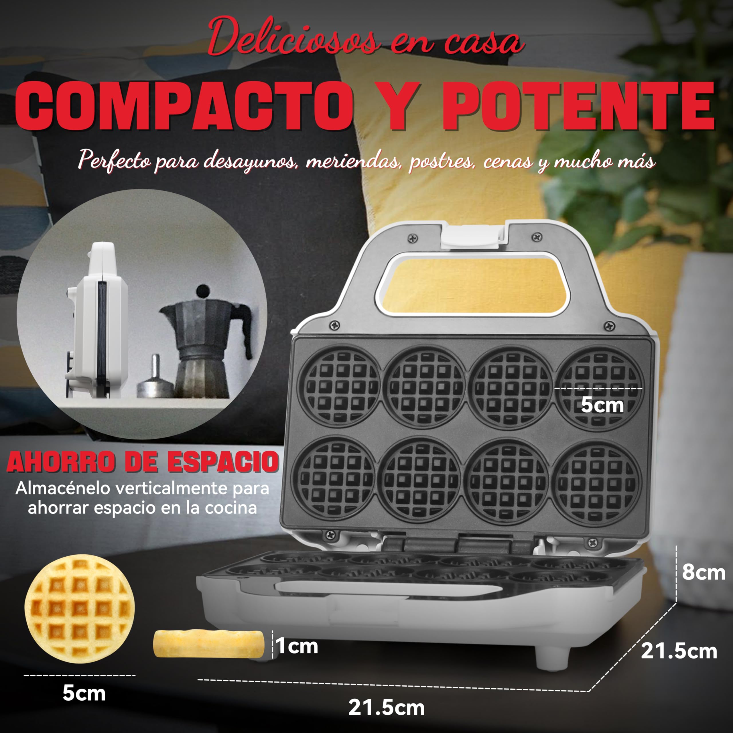 Mini máquina para hacer gofres SugarWhisk, plancha para hacer gofres pequeñitos para niños, hornea gofres pequeñitos de 8 x 5cm, pequeña máquina para hacer gofres, compacta y fácil de usar, superficie