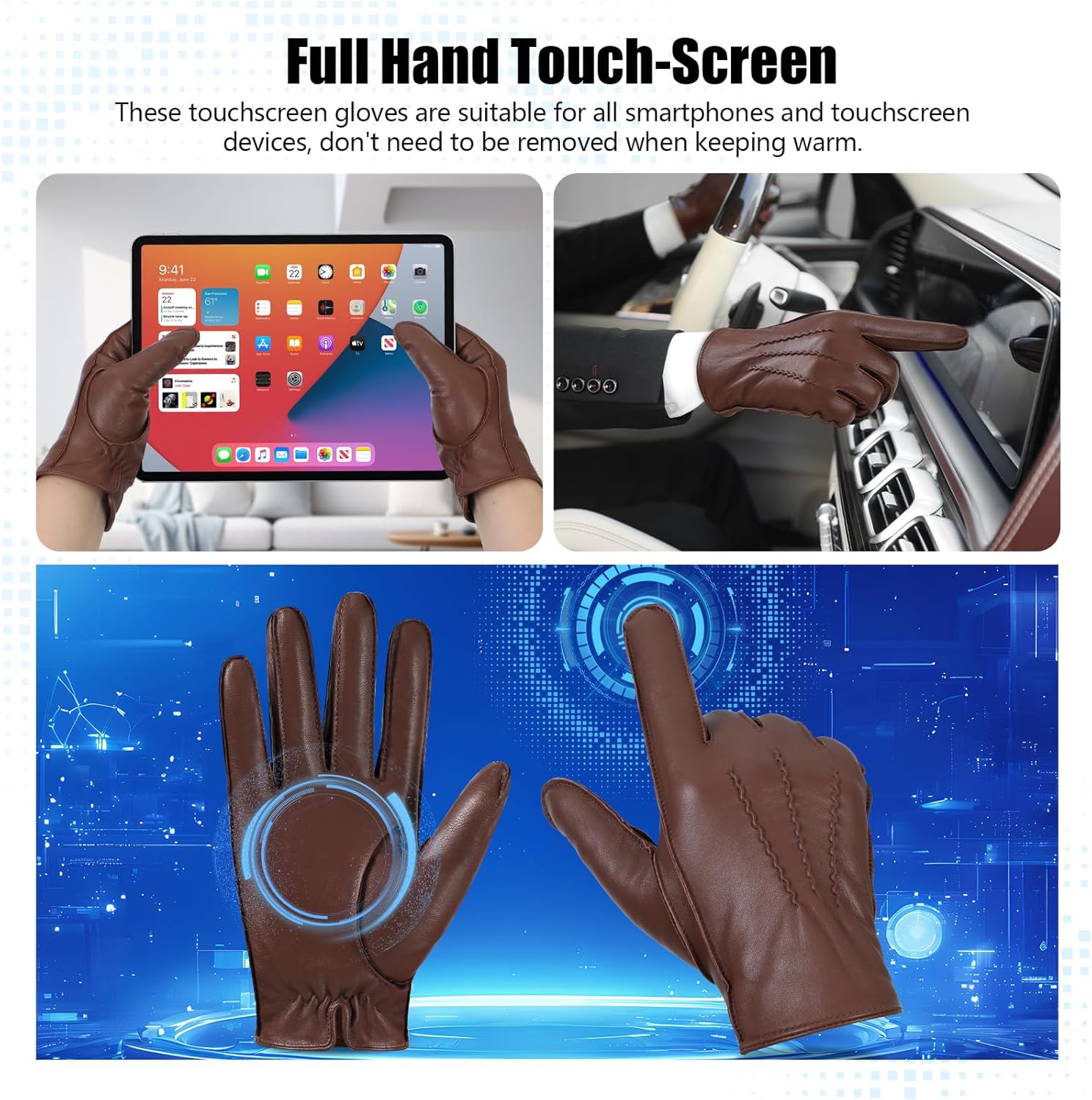 GSG Men Genuine Leather Gloves Driving Gloves Warm Fur Lined Classic Dress Sheepskin Gloves Hand-stitched - Image 4