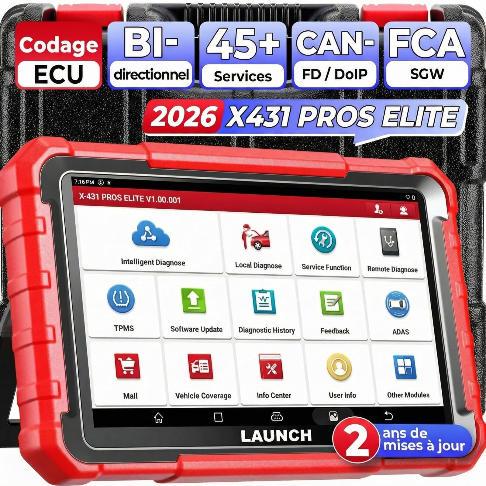 LAUNCH X431 Pros Elite Valise Diagnostic Auto, Bi-directionnel, Codage en Ligne de l'ECU, Diagnostic Complet du Système, 45+ Services de Réinitialisation, CANFD DOIP, FCA, Mise à Jour de 2 Ans