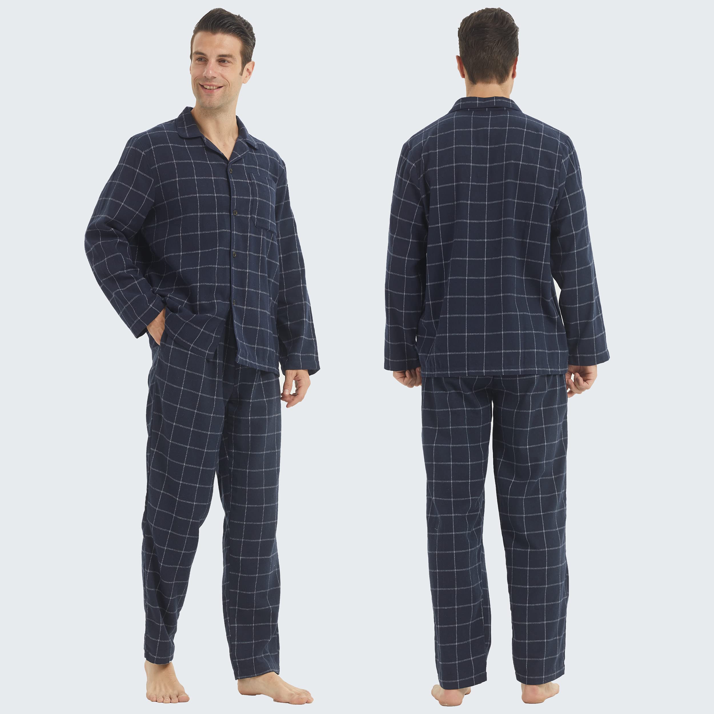YUSHOW Pigiama Uomo Invernale Cotone Flanella Quadri Pigiami Due Pezzi Maglia Maniche Lunghe Pantaloni Pigiama con Tasche Caldo Morbidi Abbigliamento da Notte
