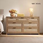 Sicotas 7 Dressing pour Chambre, 57" Grandes commodes de rotin pour la chambre de bébé, salon TV Stand,Boho organisateur coffre de tiroirs, coffre d'entreposage de vêtements (Chêne caramel recu, 1 Pièce)