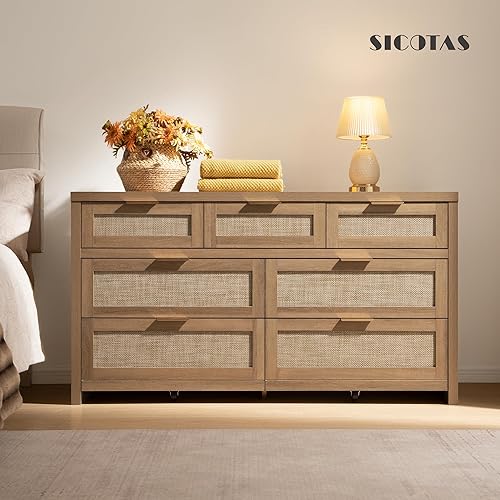 Miniatura 4 de SICOTAS Cómoda de 7 cajones para dormitorio, cómodas de ratán de 57" de ancho, cómoda grande con cajones para dormitorio, cómoda soporte para TV