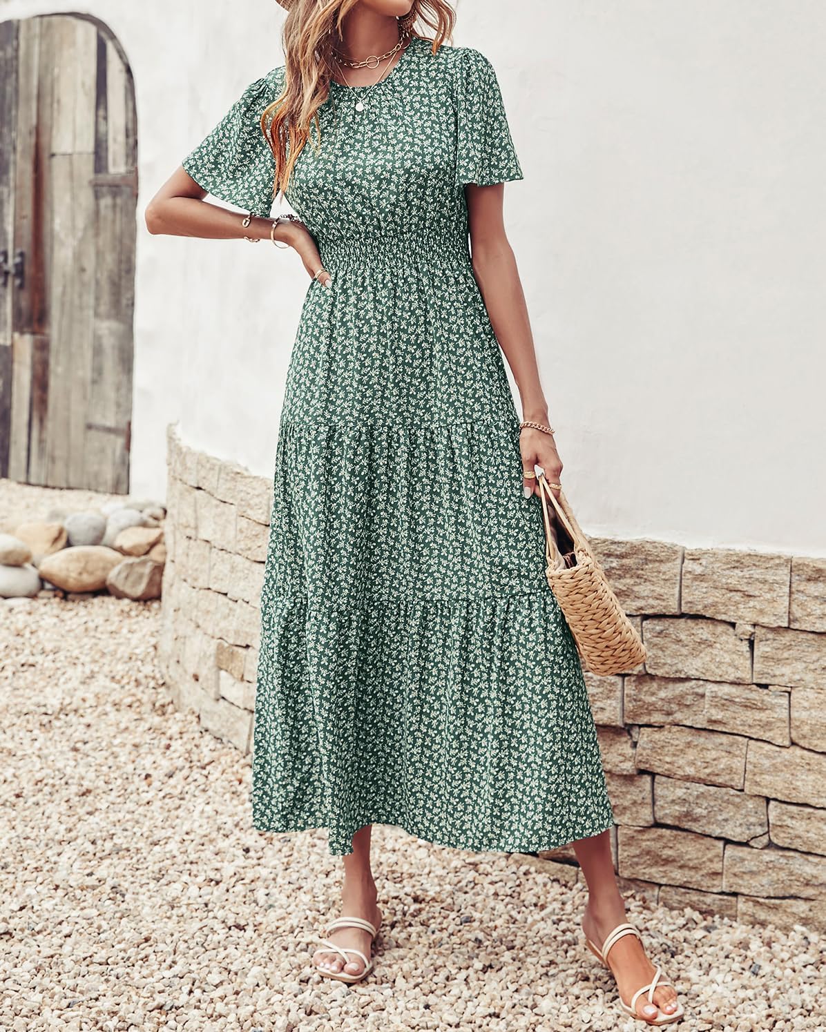 PRETTYGARDEN Women's Summer Casual Short Flutter Sleeve Round Neck Smocked Waist Tiered Boho Floral Flowy Maxi Dress - Image 4