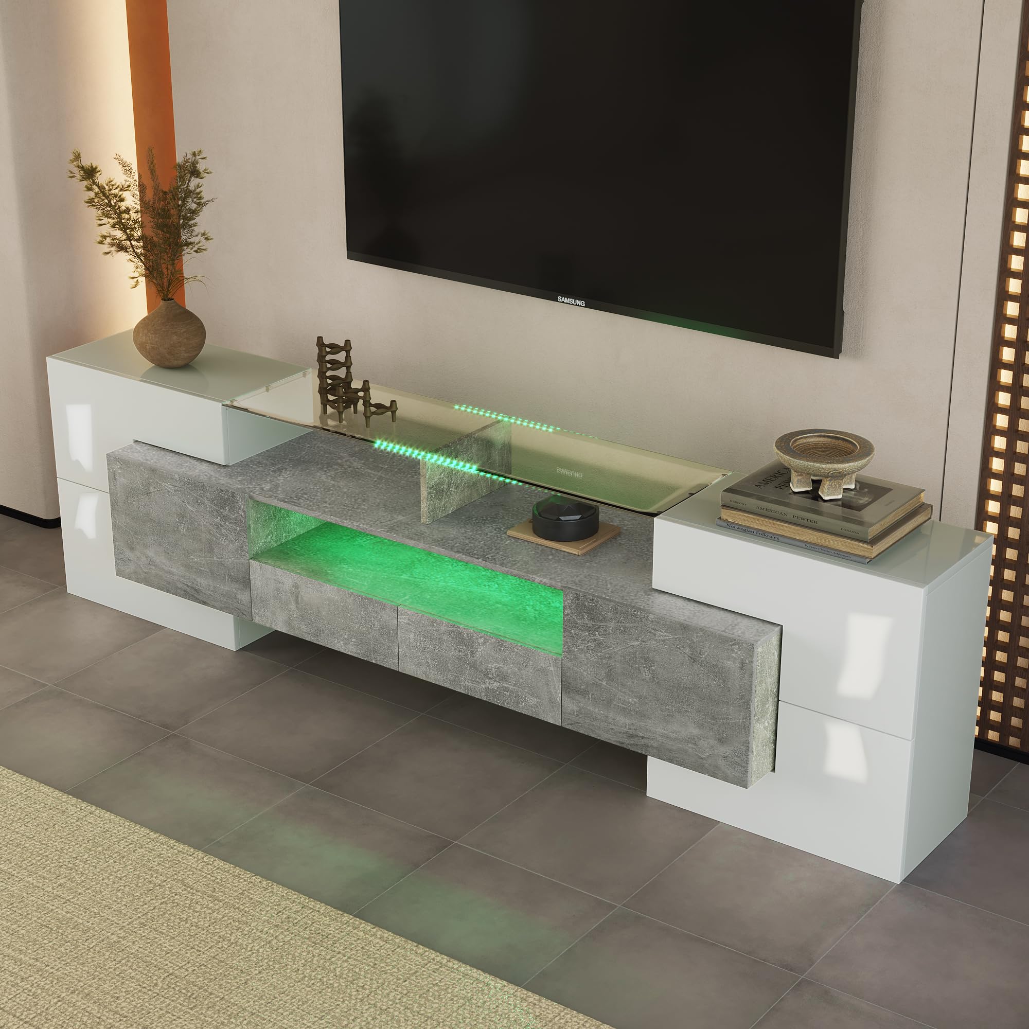 Mueble bajo para TV moderno, 200 cm de ancho, color blanco y gris, con iluminación LED RGB, 6 puertas y 2 cajones, armario multimedia para salón (gris + MDF + 60-69 pulgadas)