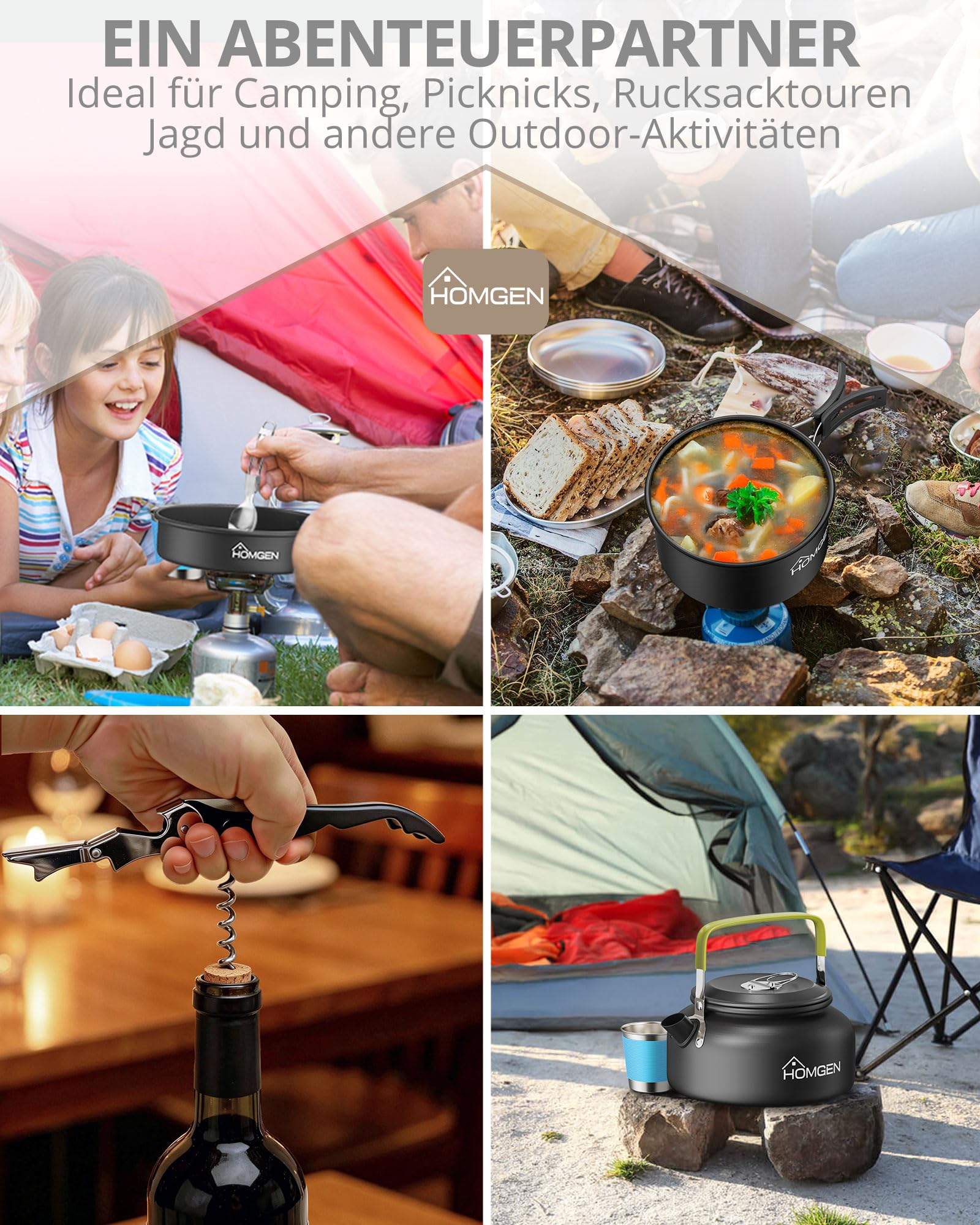 HOMGEN 21er Set Camping Kochset mit Mini Gaskocher, Ultraleichtes Outdoor Kochgeschirr Set für 1-2 Personen, Antihaft Camping Topf Pfanne Wasserkessel Geschirr Besteck für Camping Backpacking Picknick