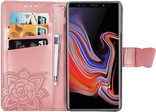 Miniatura 9 de MEUPZZK Funda tipo cartera para Samsung Galaxy Note 9, piel sintética con diseño de flor de mariposa en relieve, función atril, ranuras para