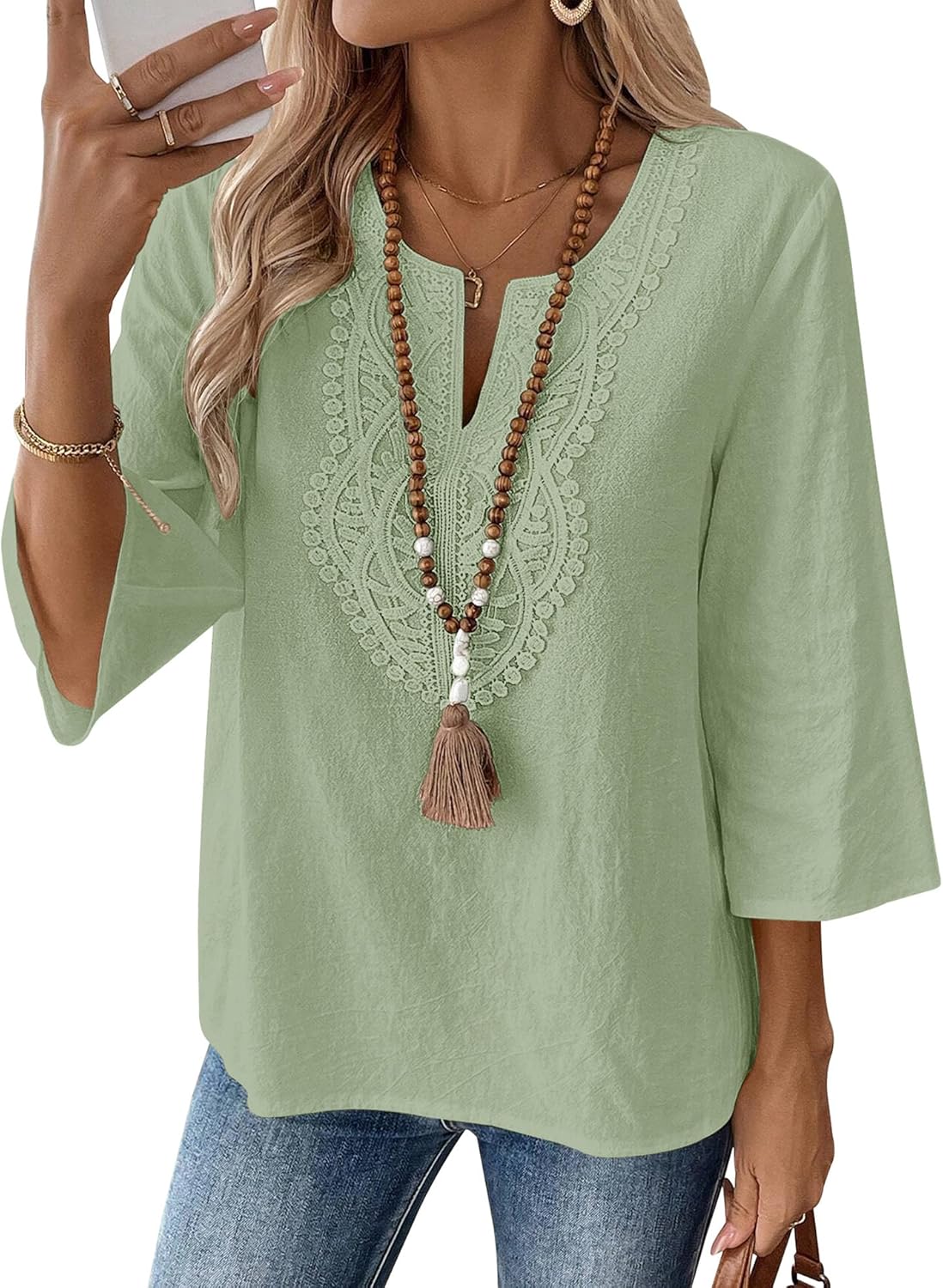 LOMON Womens 3/4 Sleeve Tops Cotton Linen Shirts V Neck Lace Casual Loose Fit Blouses Boho Fashion