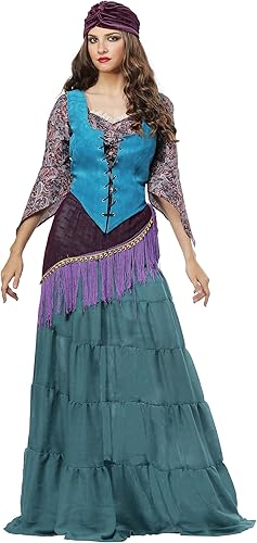 Women's Fortune Teller Gypsy Costume - Top, Vest, Skirt, Hip Scarf & Accessories